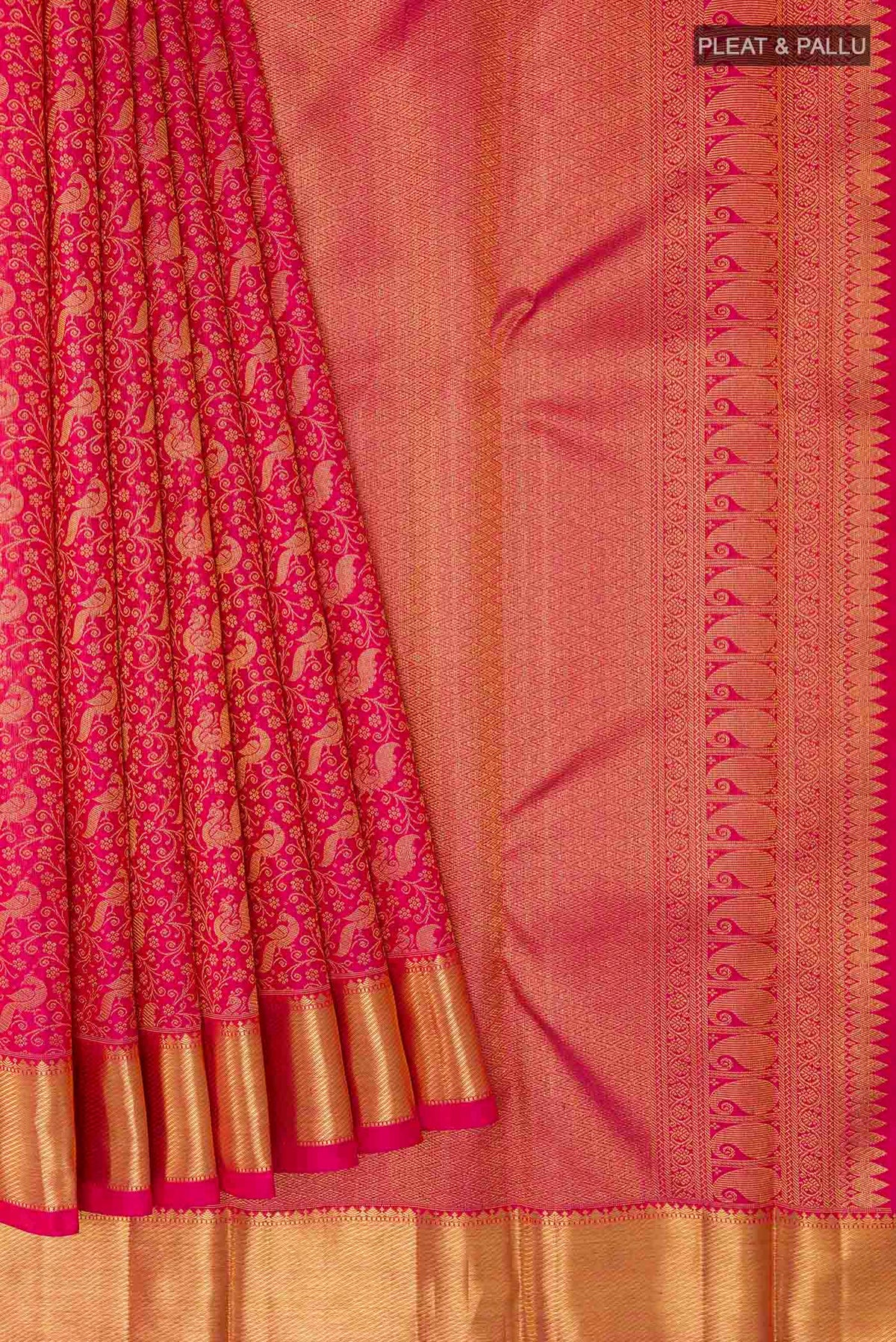 Pleats and pallu of Pure Silk Pure Zari Pink Kanchipuram Saree with Zari Brocade on the body and Zari Border