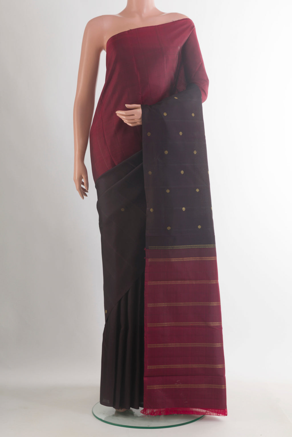 Pure Silk Multi Color Kanjivaram Saree with Half And Half on the body and Without Border.  displayed on a mannequin