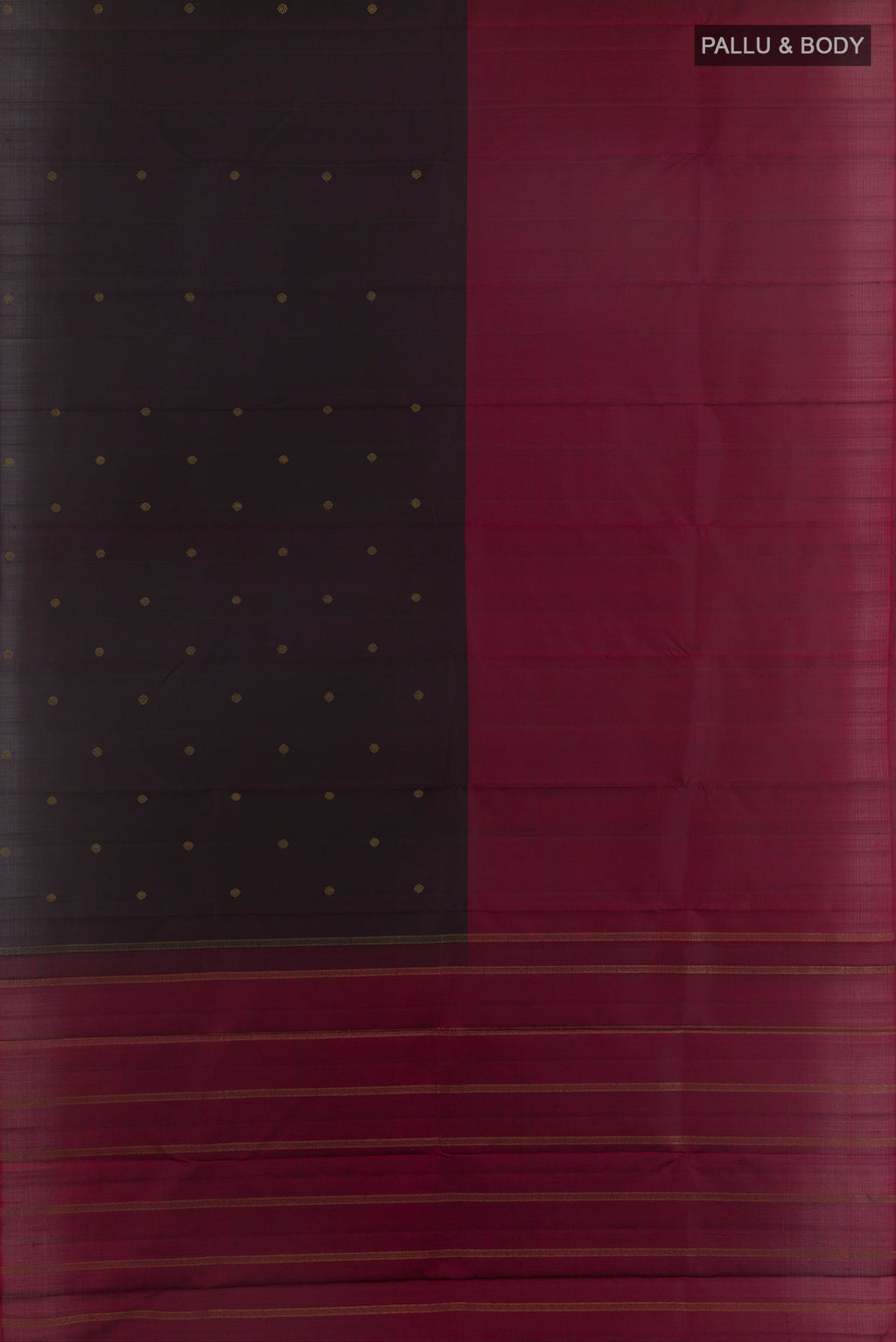 Flat view of Pure Silk Multi Color Kanjivaram Saree with Half And Half on the body and Without Border. 