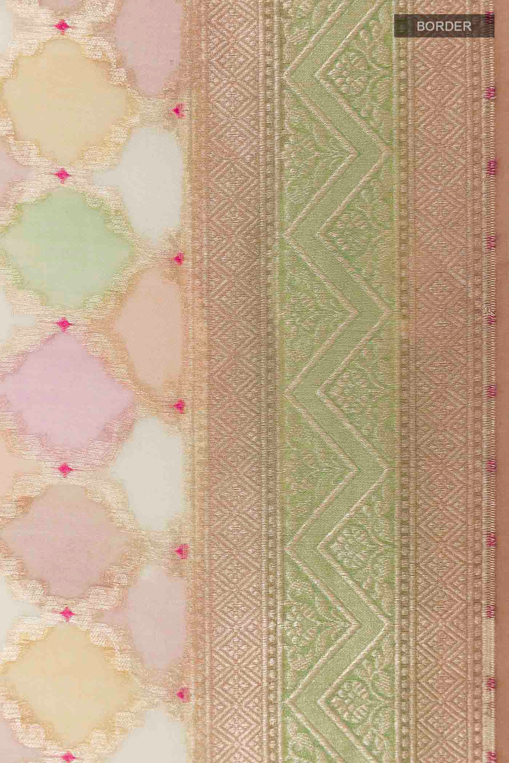 Border image of Multi Color Banarasi Kora Silk Saree with Zari Brocade on the body and Zari Border