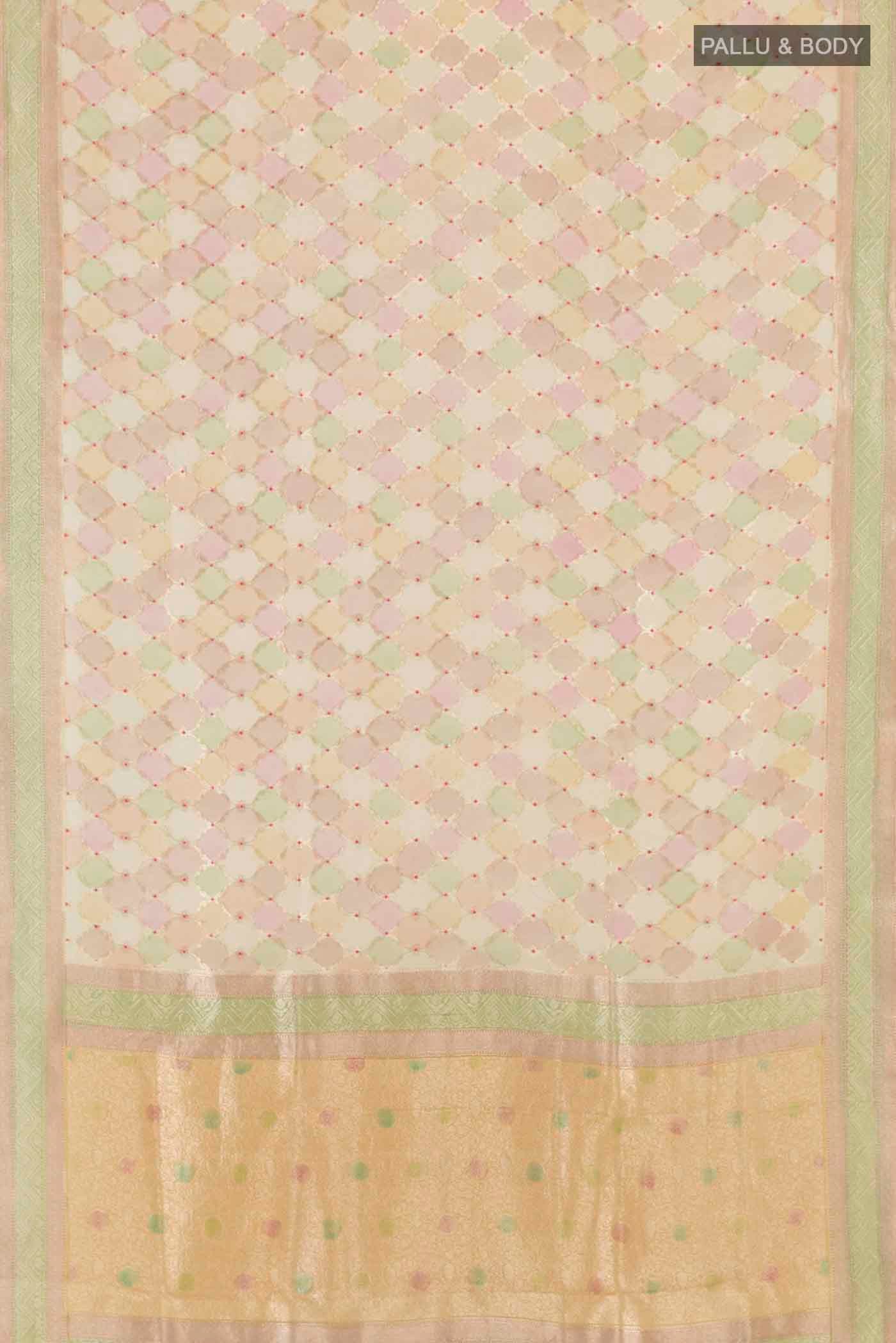 Flat view of Multi Color Banarasi Kora Silk Saree with Zari Brocade on the body and Zari Border
