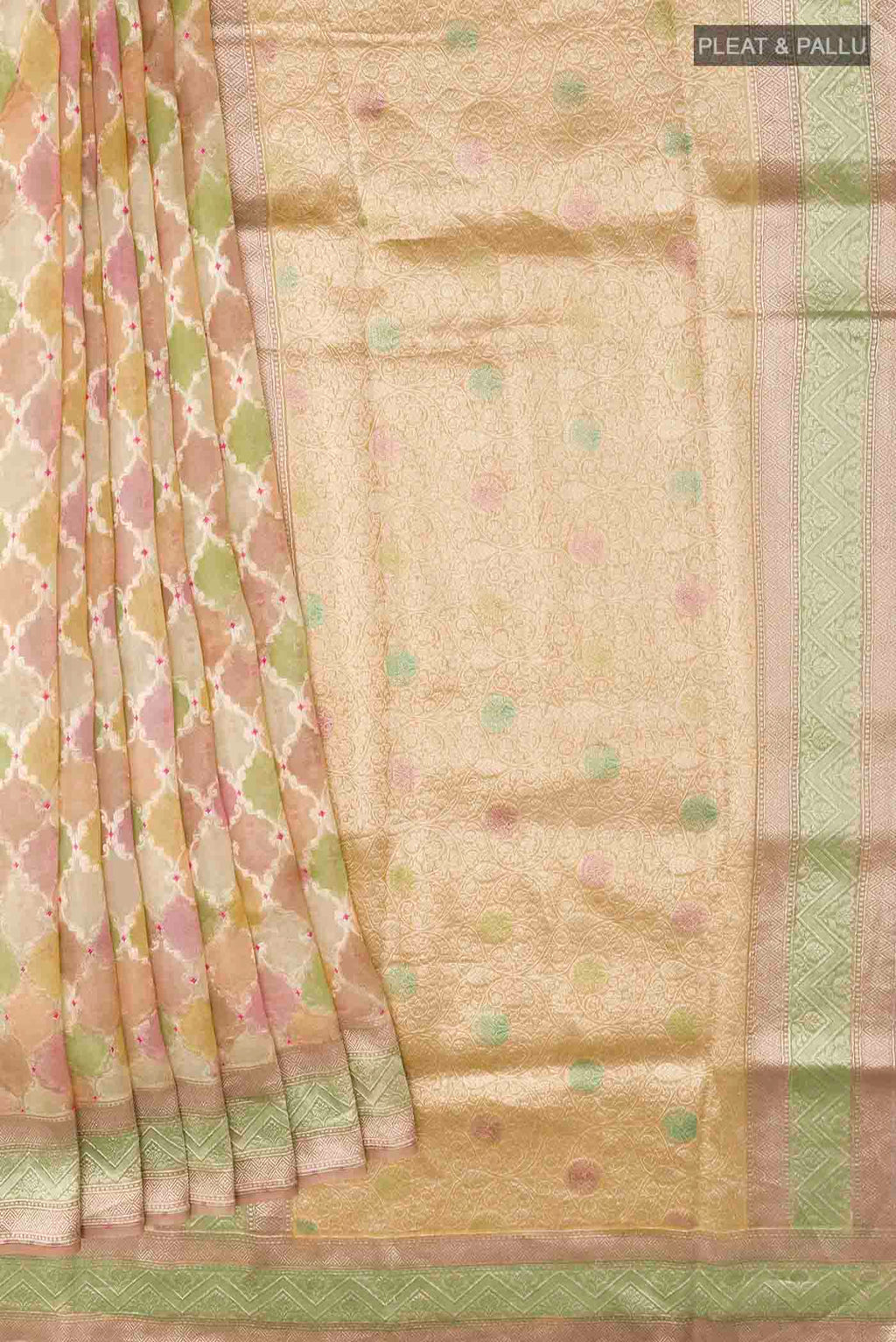 Pleats and pallu of Multi Color Banarasi Kora Silk Saree with Zari Brocade on the body and Zari Border