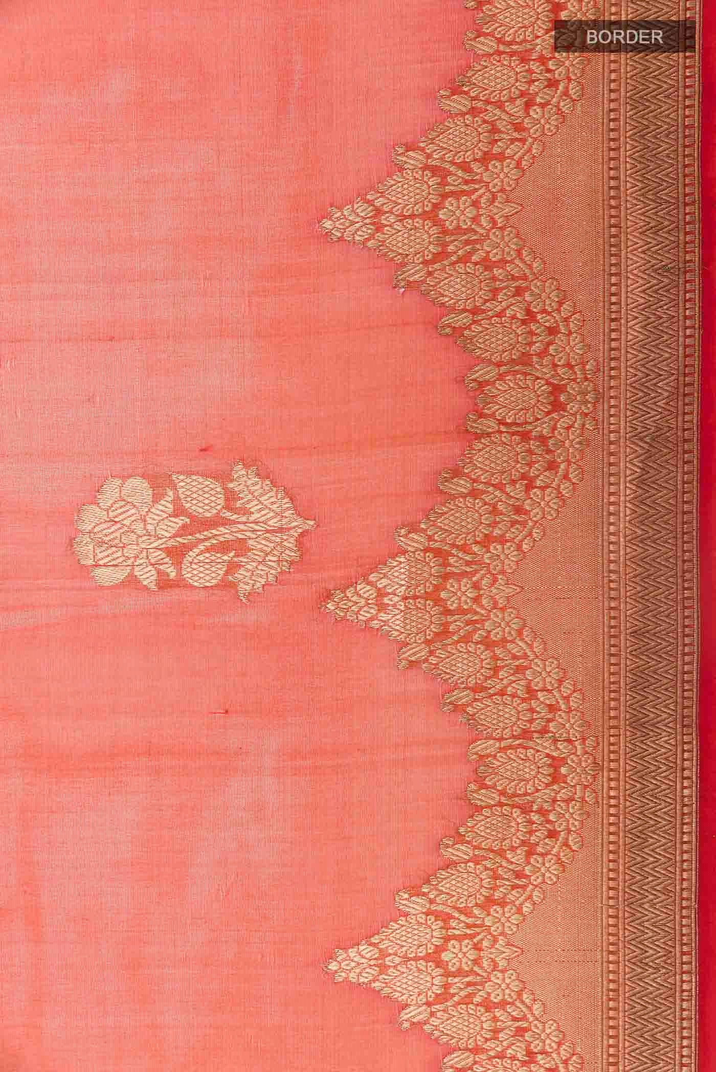 Border image of Orange Organza Silk Saree with Zari Butta on the body and Zari Border