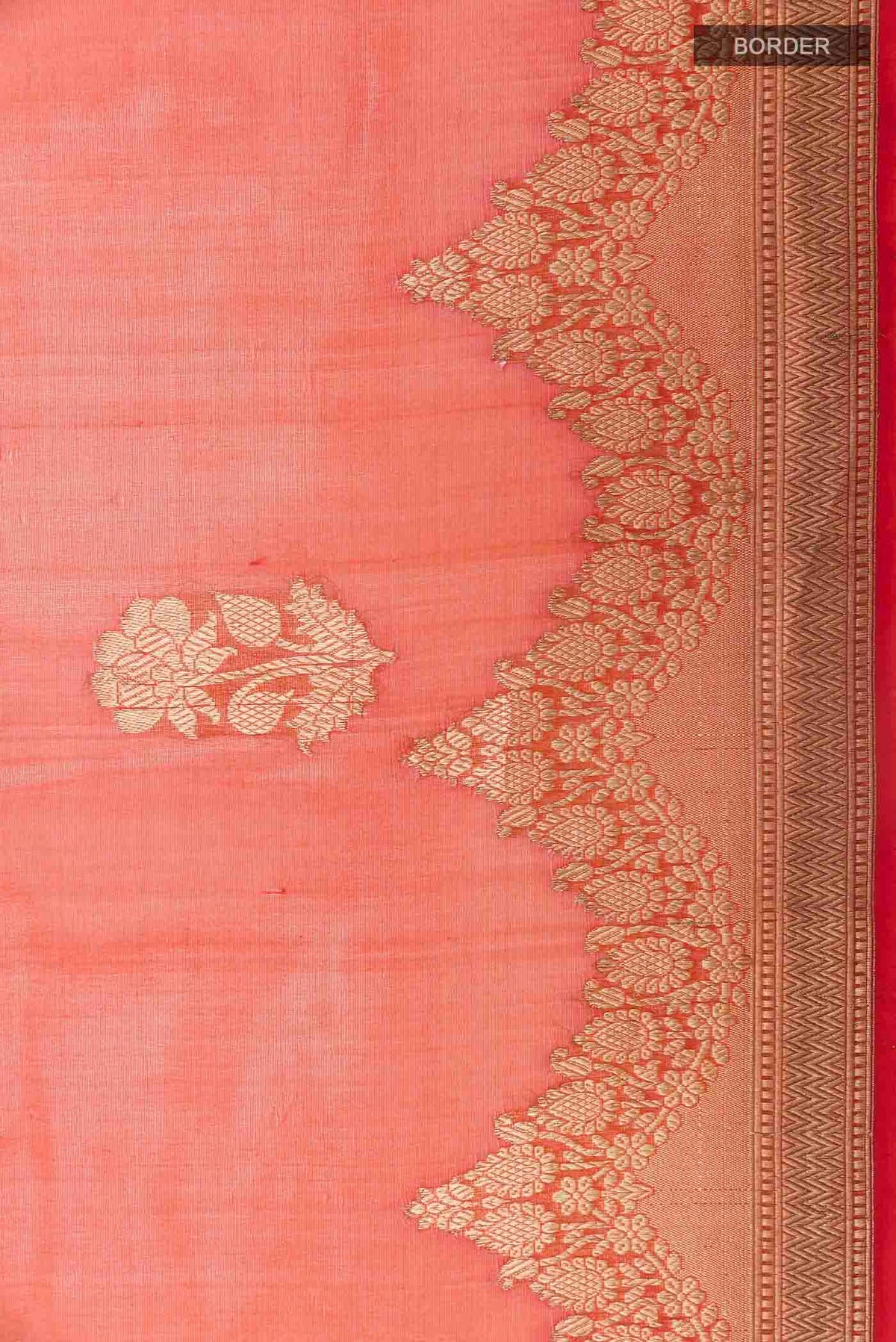 Border image of Orange Organza Silk Saree with Zari Butta on the body and Zari Border