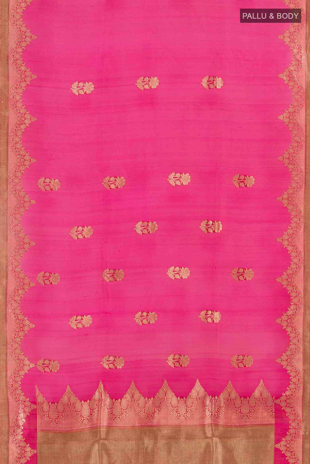 Flat view of Orange Organza Silk Saree with Zari Butta on the body and Zari Border