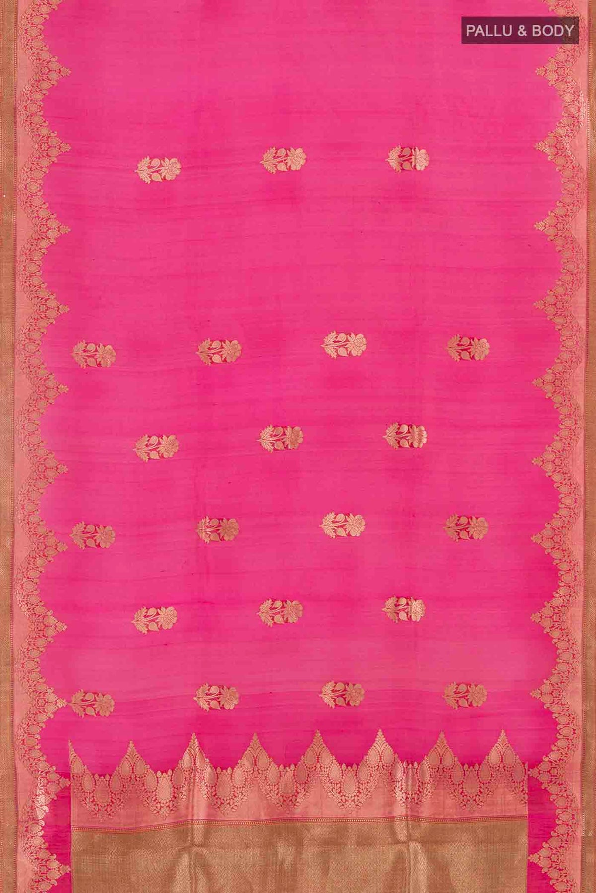 Flat view of Orange Organza Silk Saree with Zari Butta on the body and Zari Border