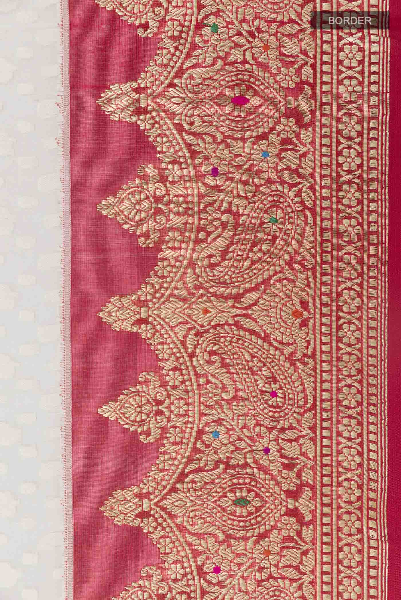 Border image of White Banarasi Kora Cotton Saree with Jacquard design on the body and Zari Border