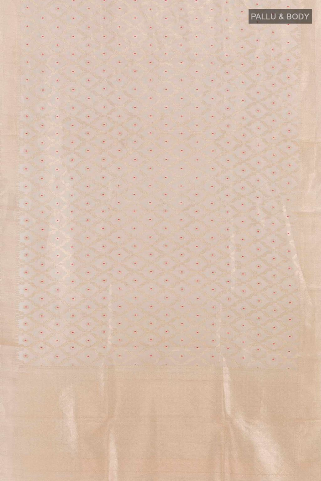 Flat view of Beige Organza Silk Saree with Zari Brocade on the body and Zari Border