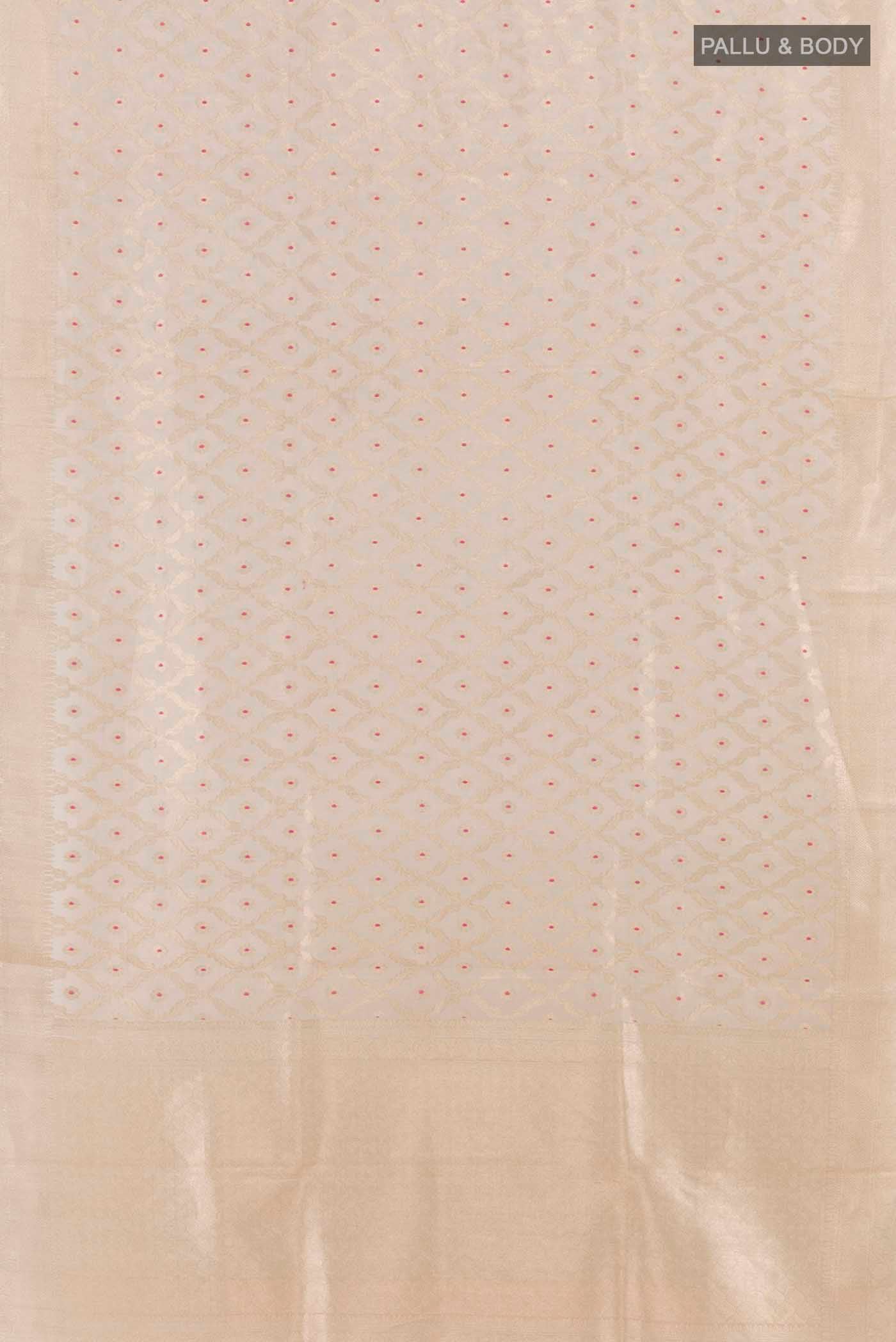 Flat view of Beige Organza Silk Saree with Zari Brocade on the body and Zari Border