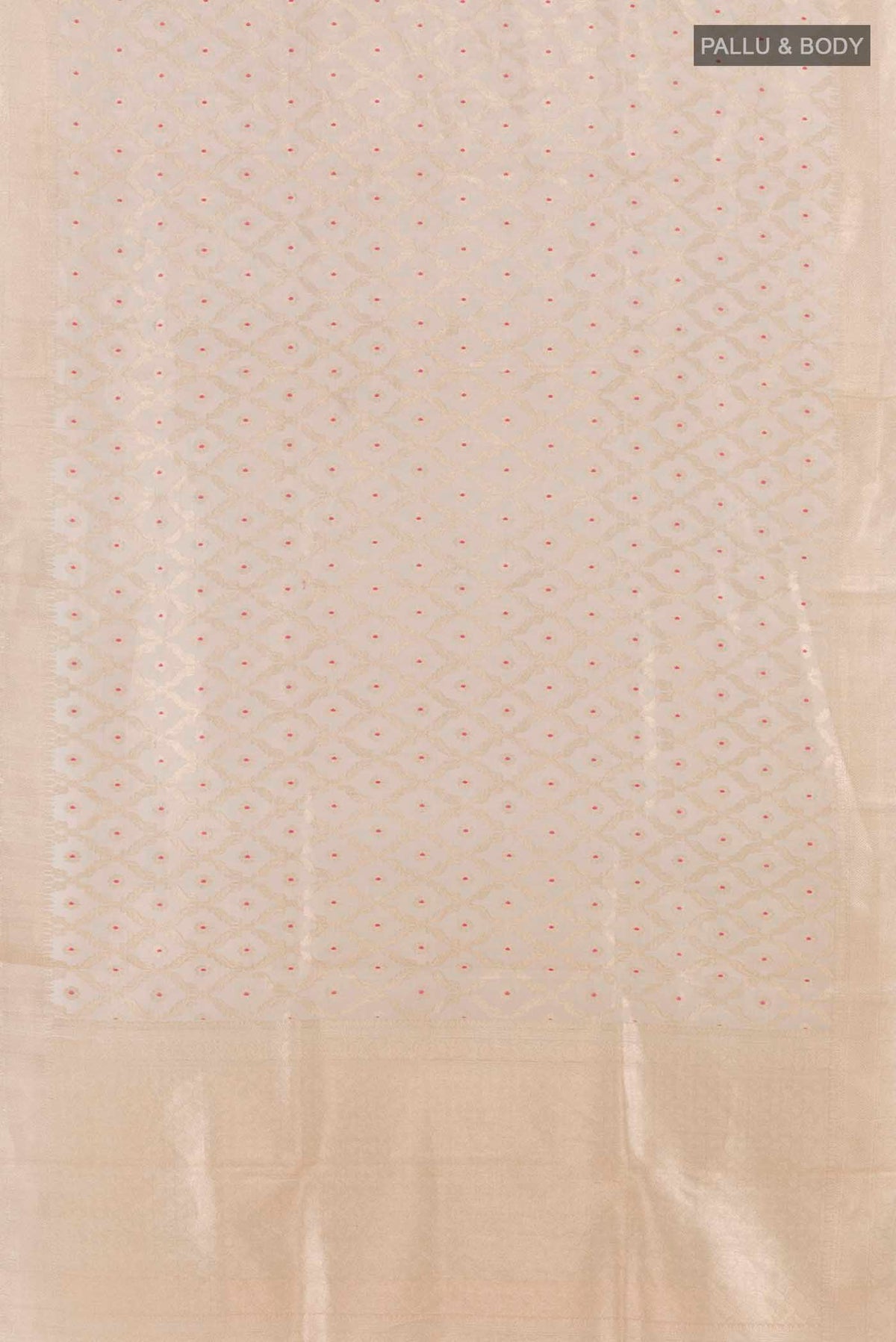 Flat view of Beige Organza Silk Saree with Zari Brocade on the body and Zari Border