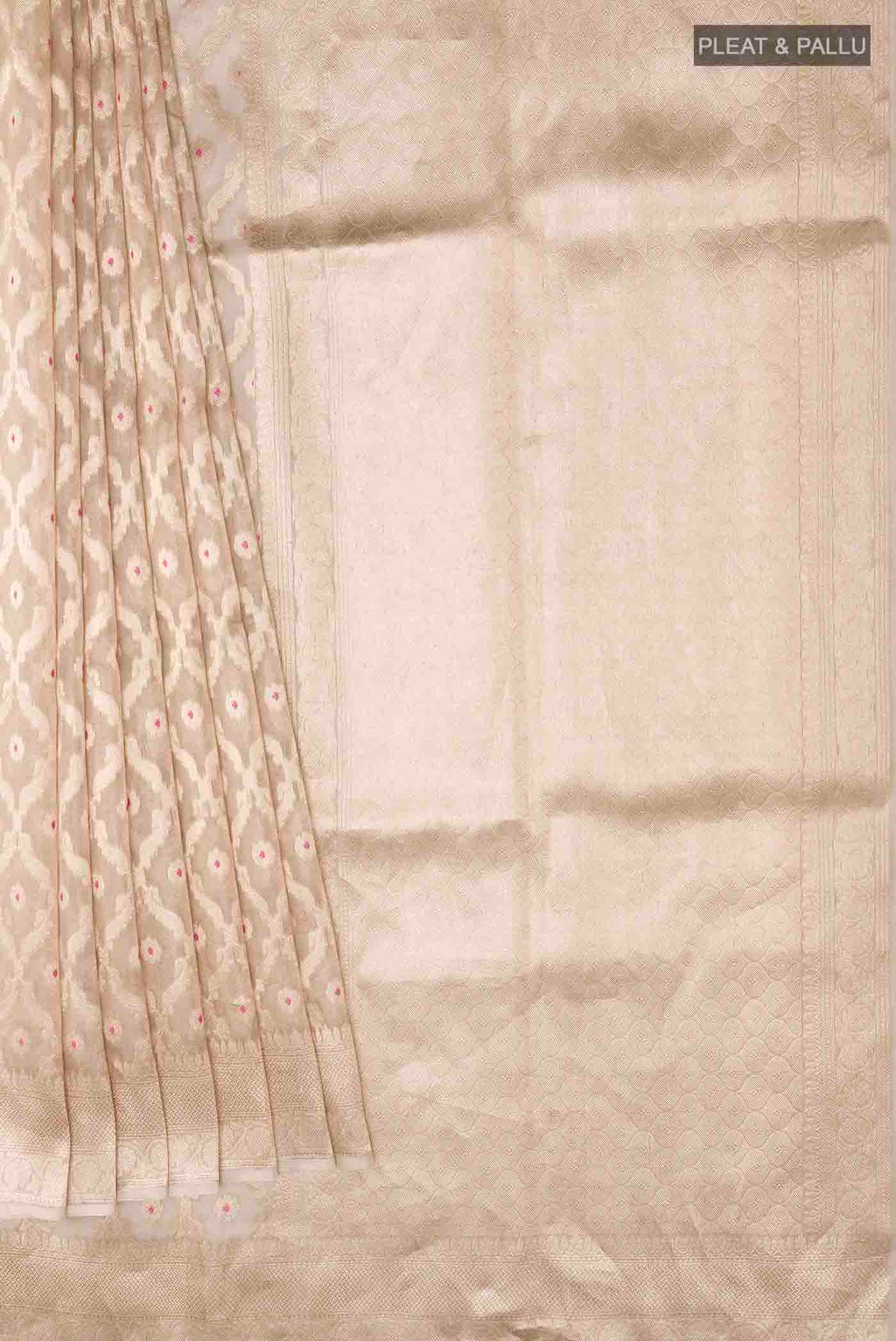 Pleats and pallu of Beige Organza Silk Saree with Zari Brocade on the body and Zari Border