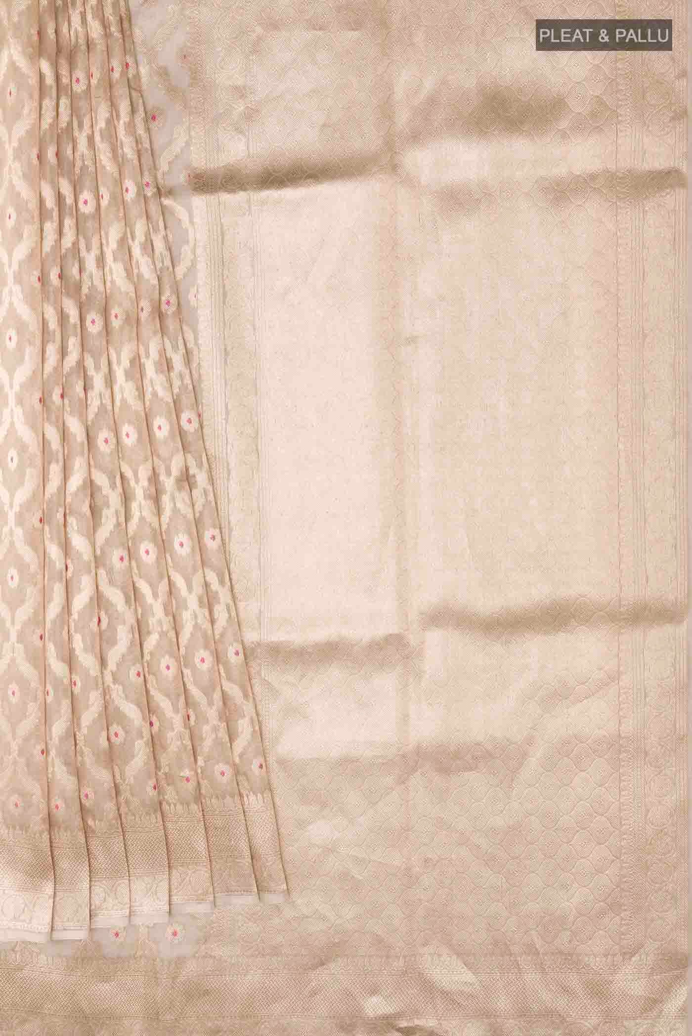 Pleats and pallu of Beige Organza Silk Saree with Zari Brocade on the body and Zari Border