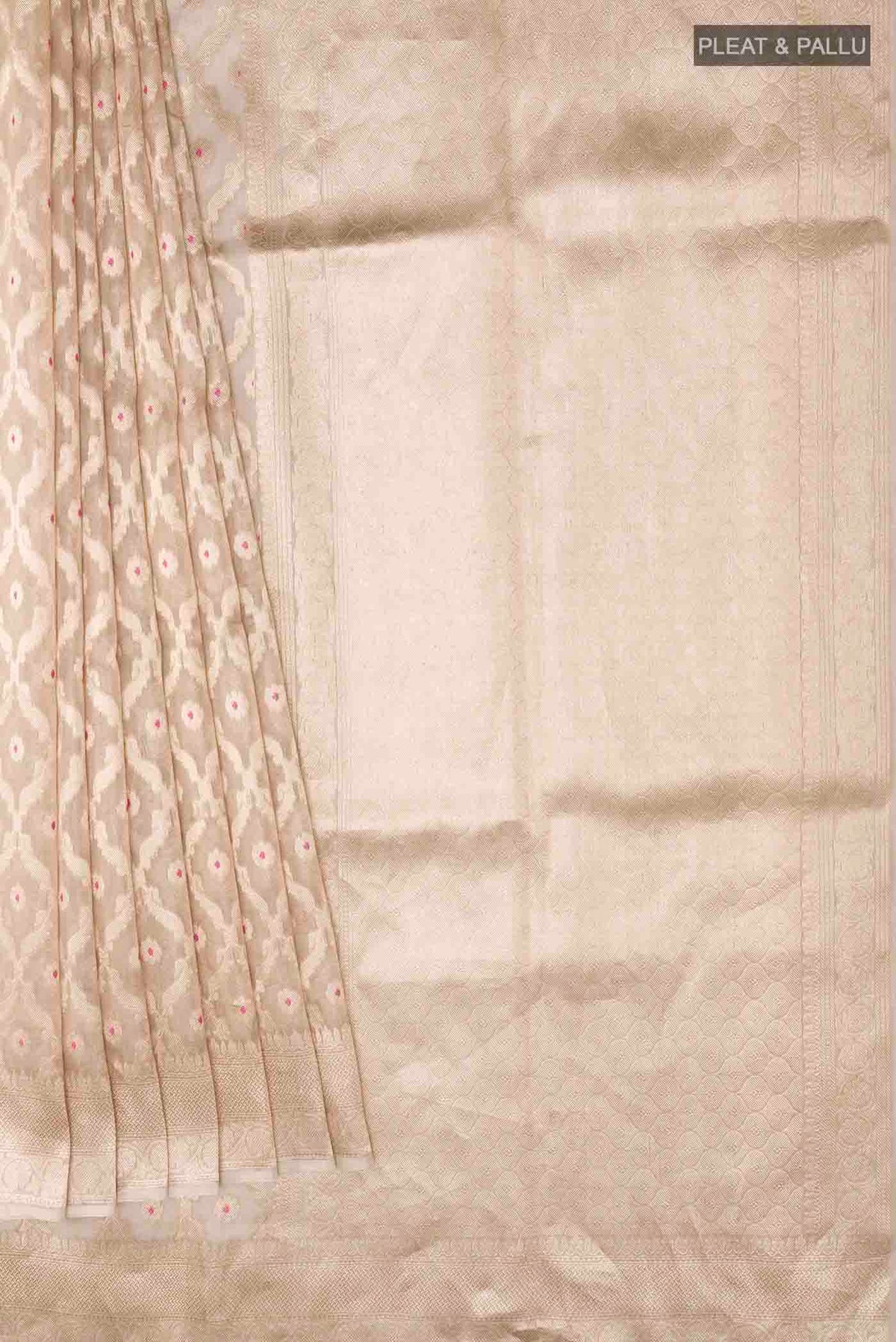 Pleats and pallu of Beige Organza Silk Saree with Zari Brocade on the body and Zari Border