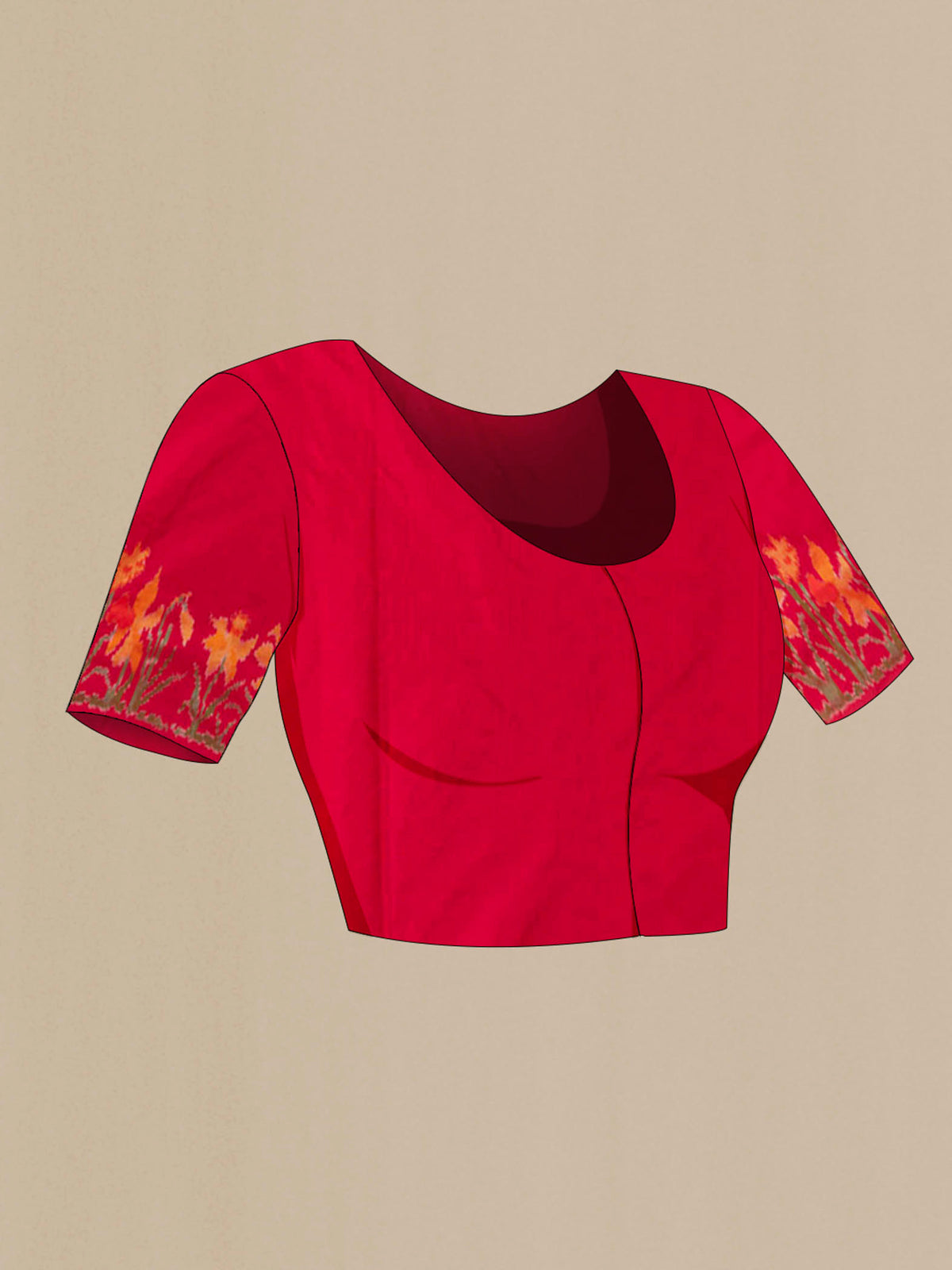 Close up image of the blouse of Red Pochampally Silk Saree with Plain Body and Ikat Border