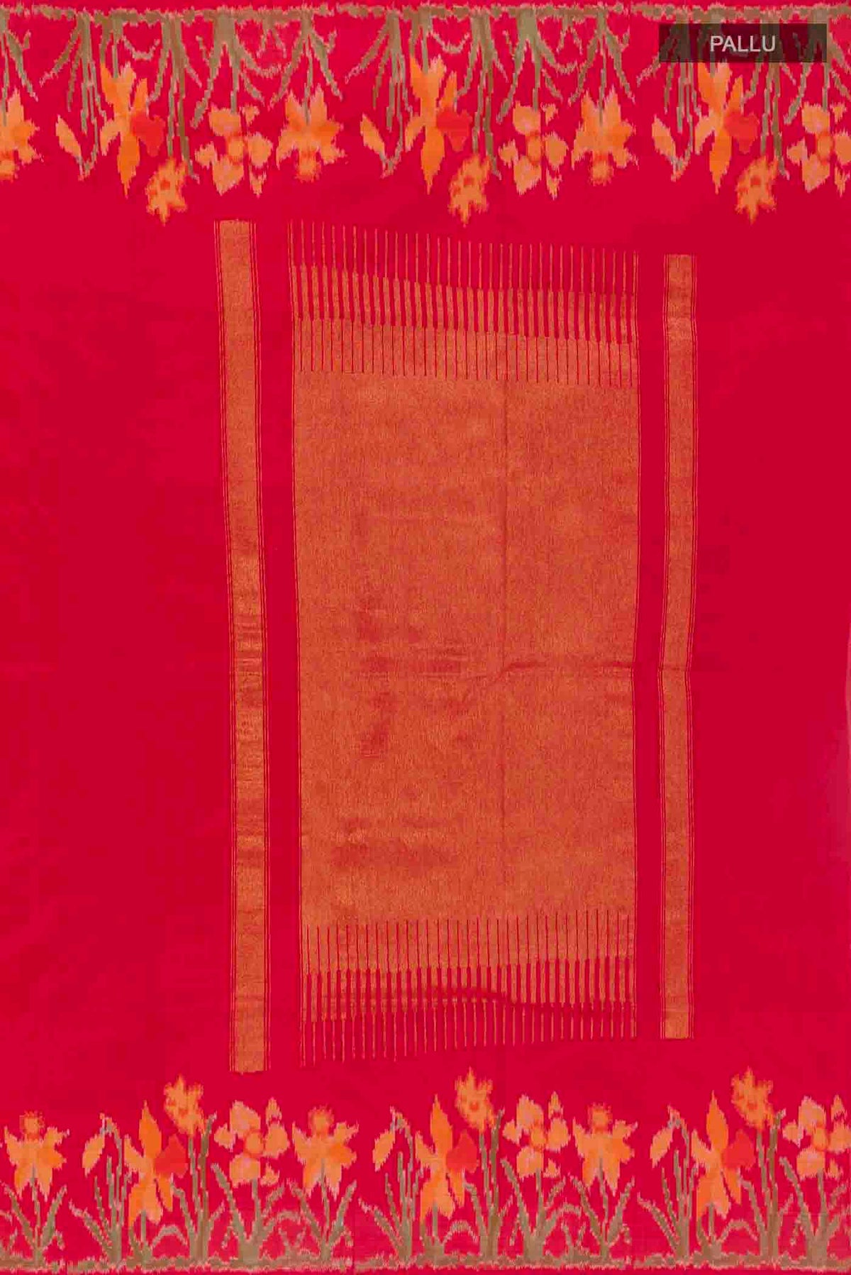 Close up image of the pallu of Red Pochampally Silk Saree with Plain Body and Ikat Border