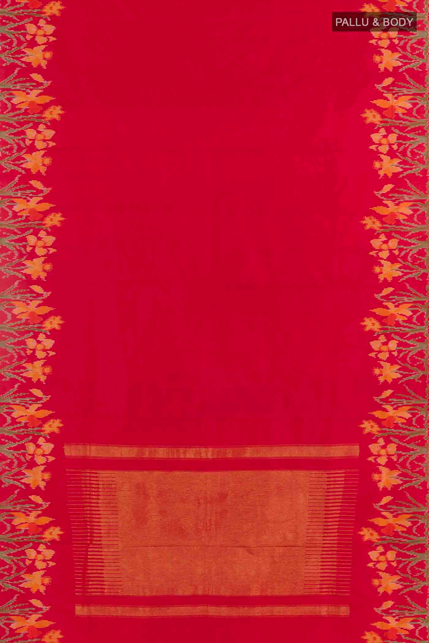 Flat view of Red Pochampally Silk Saree with Plain Body and Ikat Border
