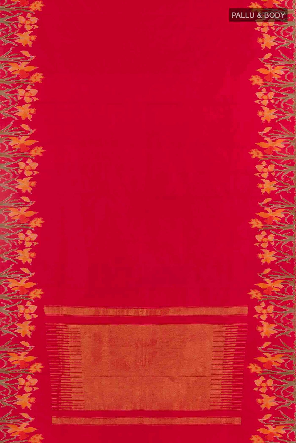 Flat view of Red Pochampally Silk Saree with Plain Body and Ikat Border