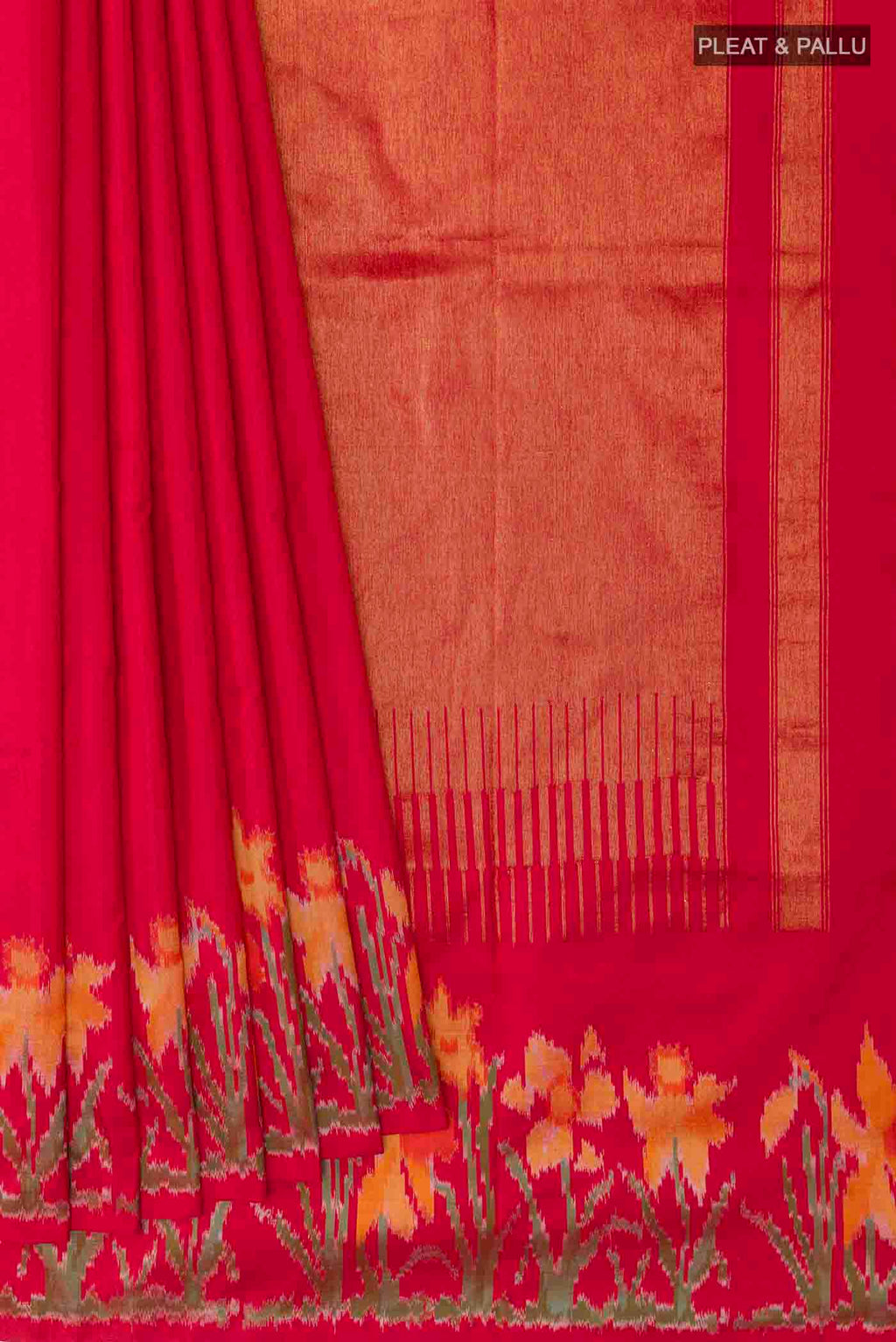 Pleats and pallu of Red Pochampally Silk Saree with Plain Body and Ikat Border