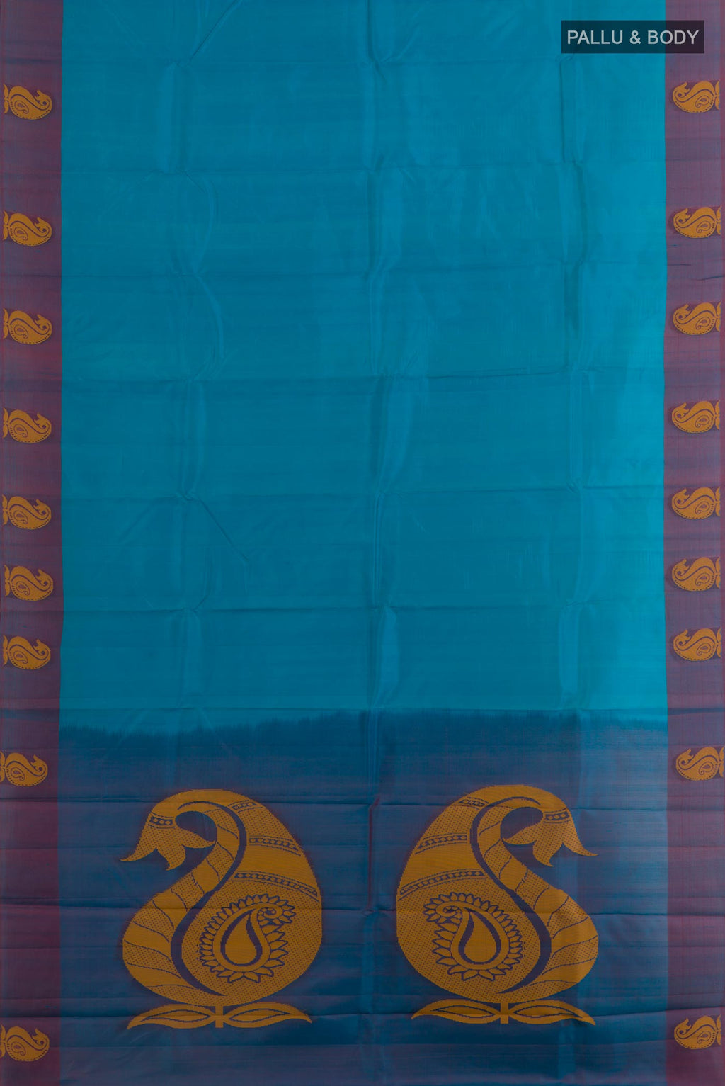 Flat view of Blue Kanjivaram Silk Saree with Plain Body and Thread Border. 