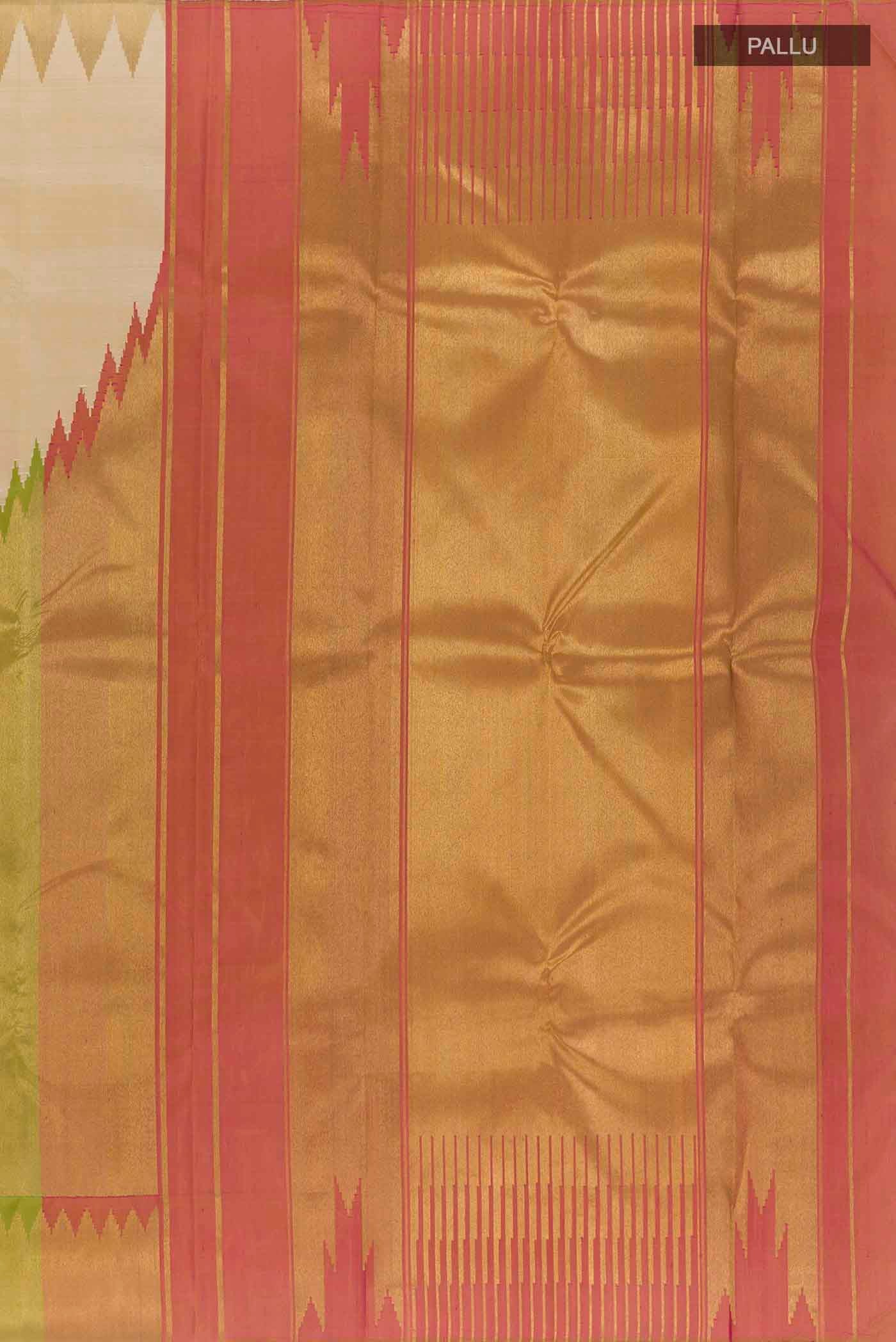 Close up image of the pallu of Beige Kanchipuram Silk Saree with Plain Body and Rising Temple Border