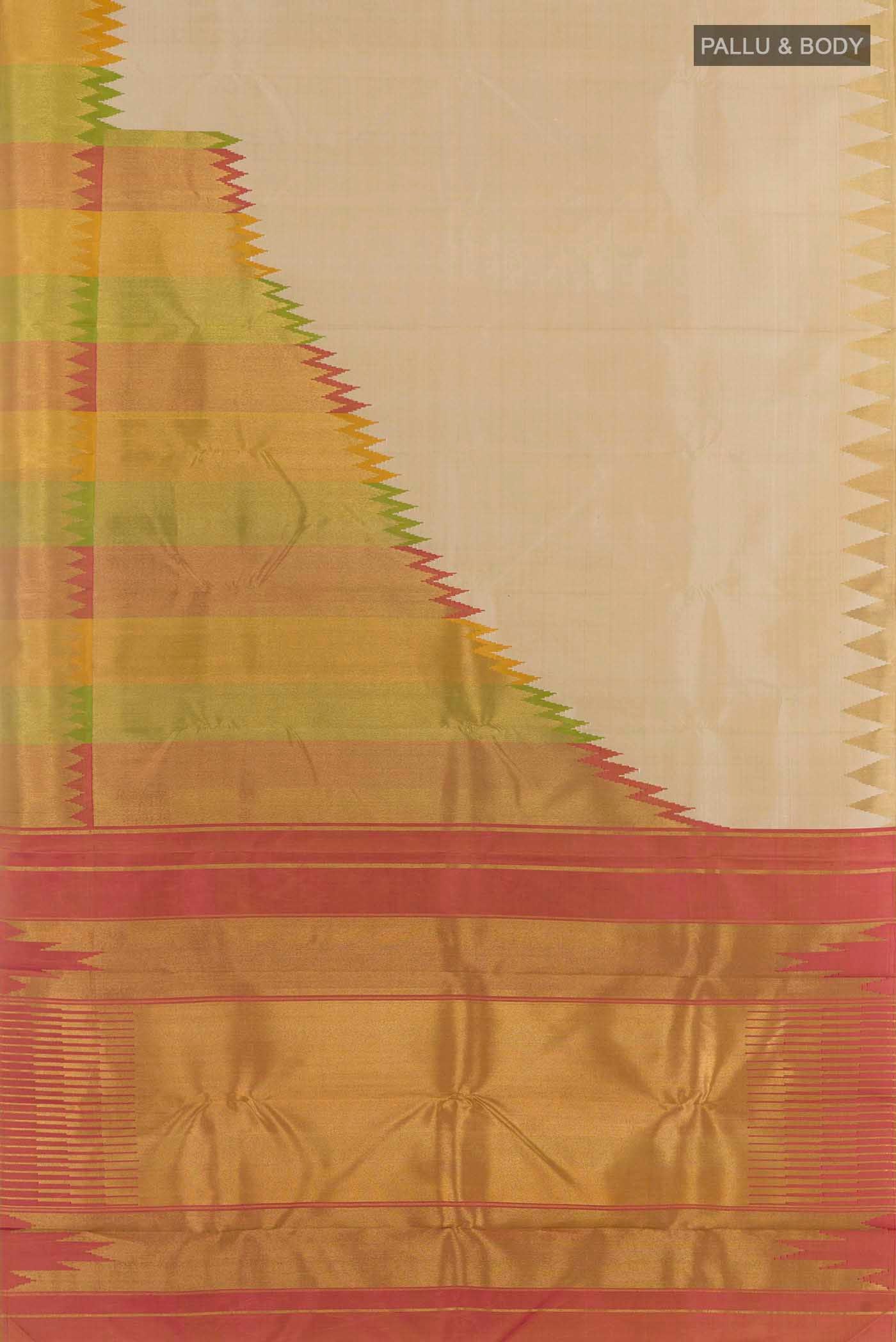 Flat view of Beige Kanchipuram Silk Saree with Plain Body and Rising Temple Border
