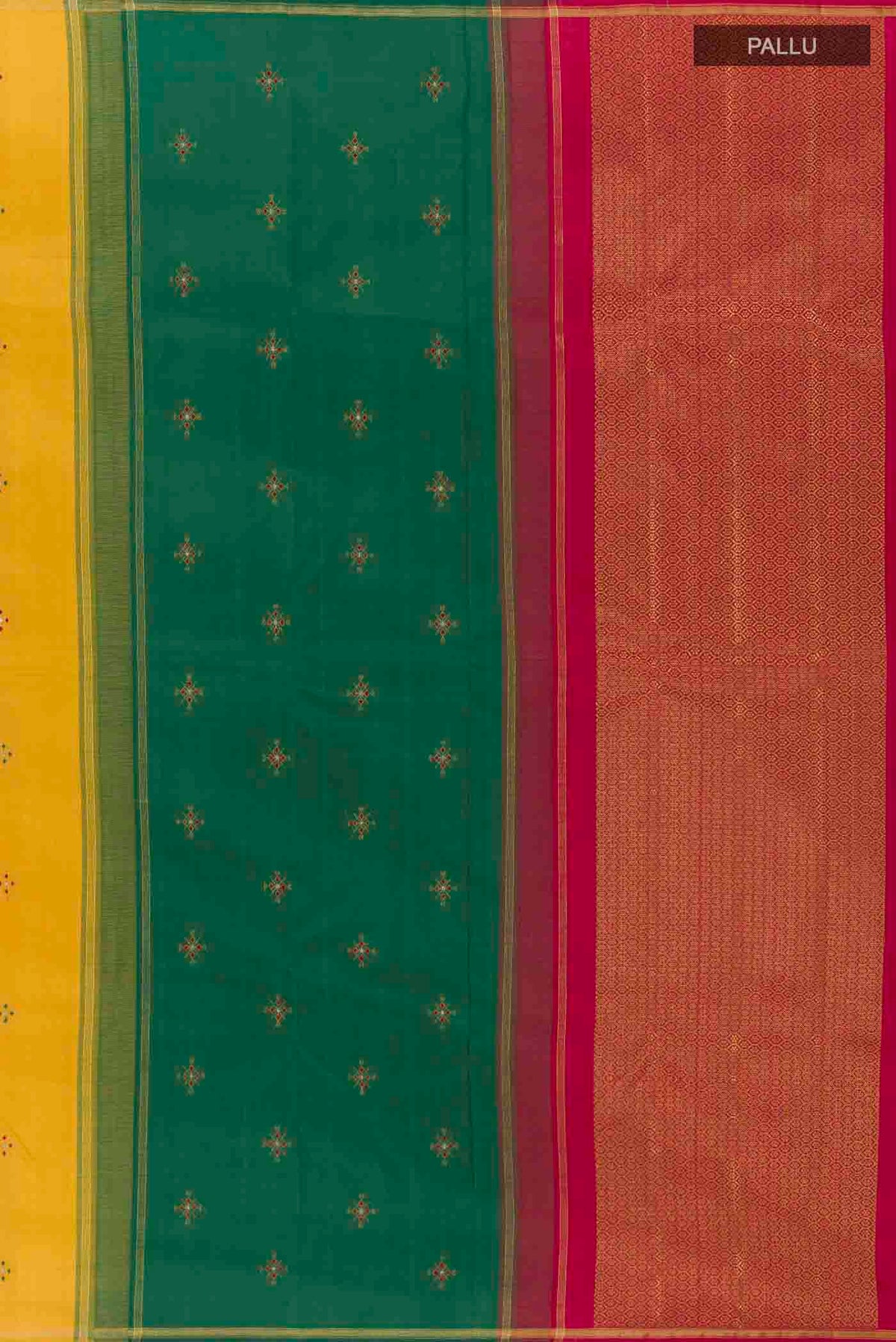 Close up image of the pallu of Mustard Kanchipuram Silk Saree with Zari Butta on the body and Zari Border