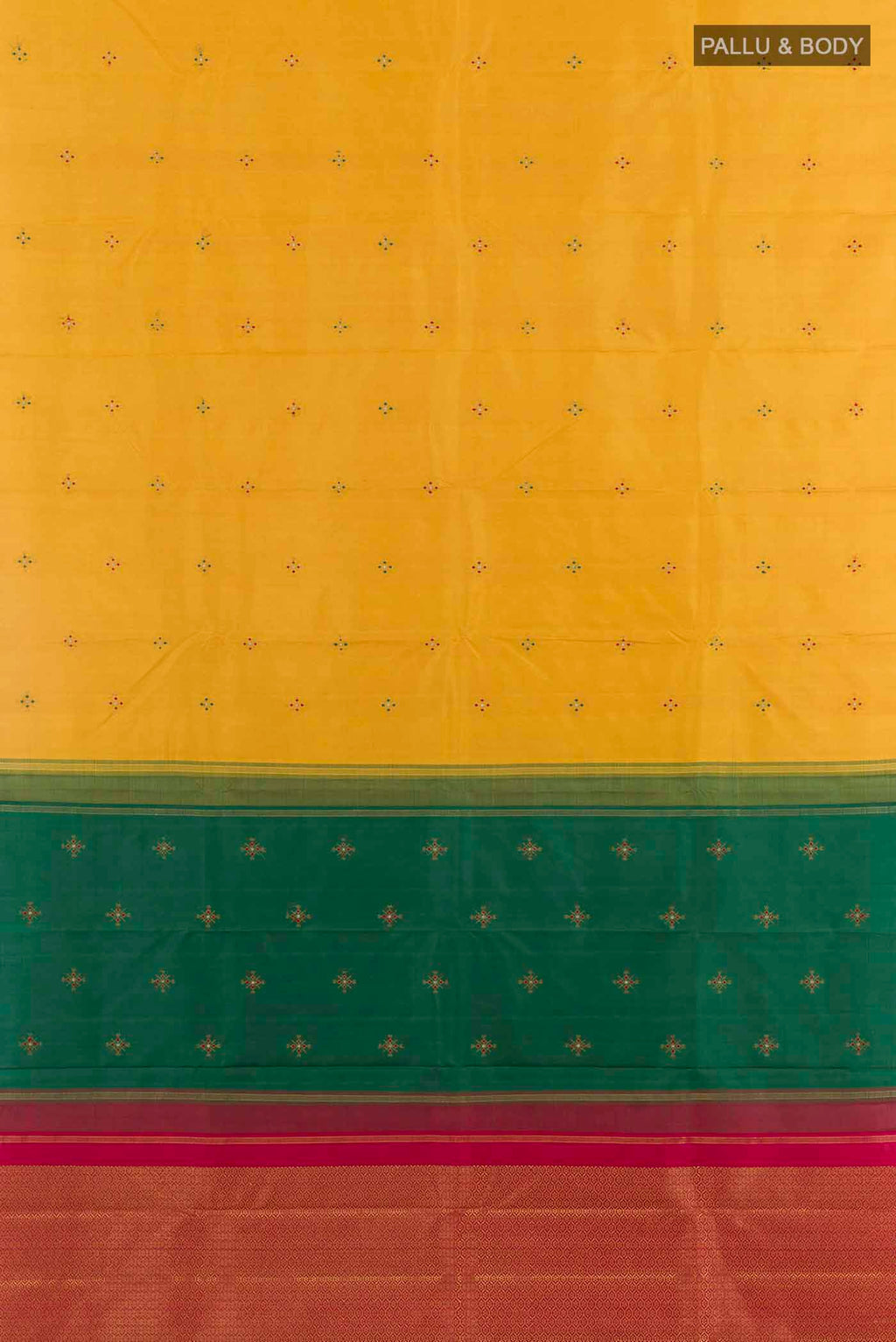 Flat view of Mustard Kanchipuram Silk Saree with Zari Butta on the body and Zari Border
