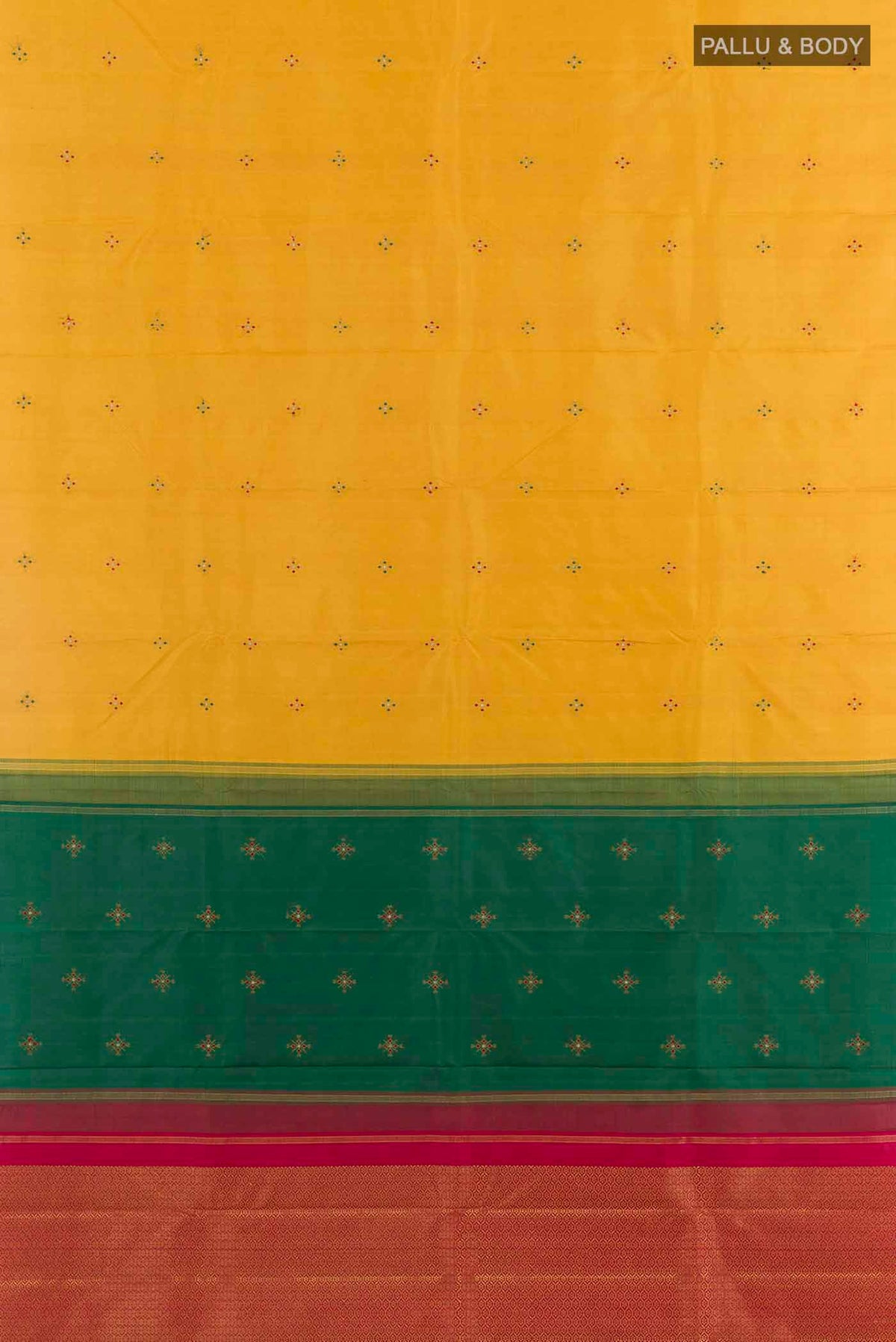 Flat view of Mustard Kanchipuram Silk Saree with Zari Butta on the body and Zari Border