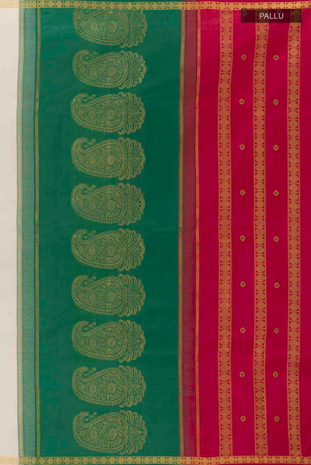 Close up image of the pallu of Off White Kanchipuram Silk Saree with Zari Butta on the body and Zari Border