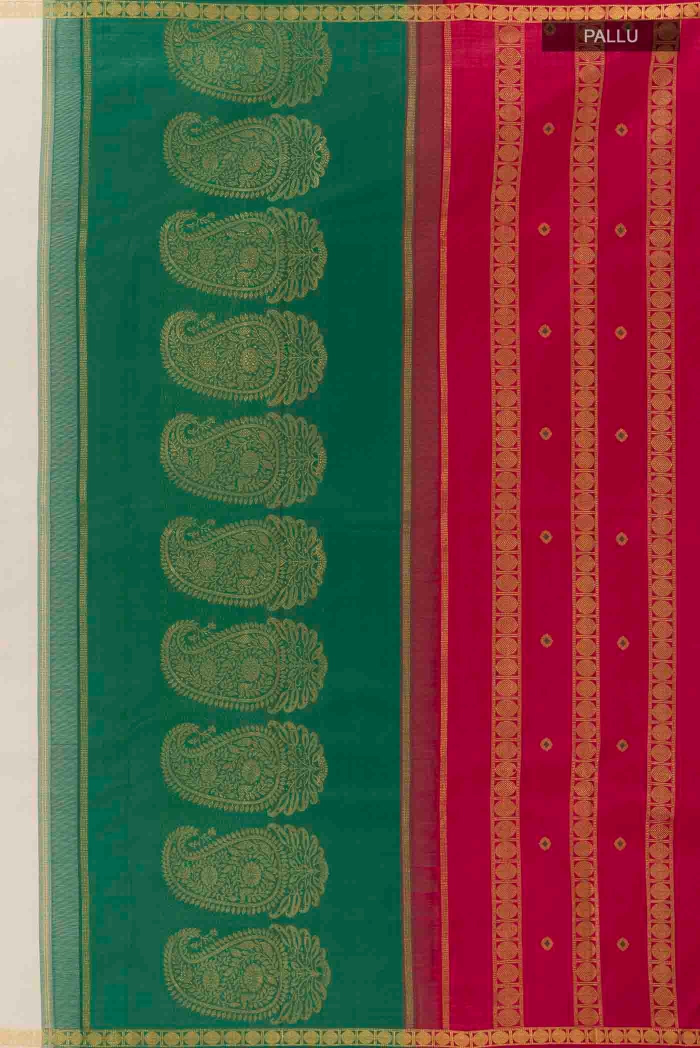 Close up image of the pallu of Off White Kanchipuram Silk Saree with Zari Butta on the body and Zari Border