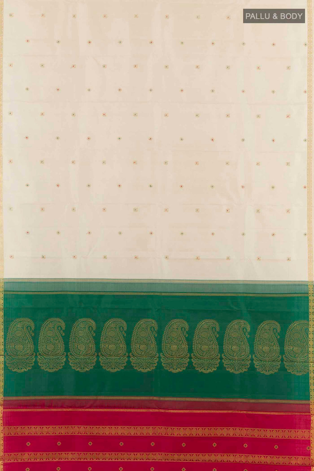 Flat view of Off White Kanchipuram Silk Saree with Zari Butta on the body and Zari Border