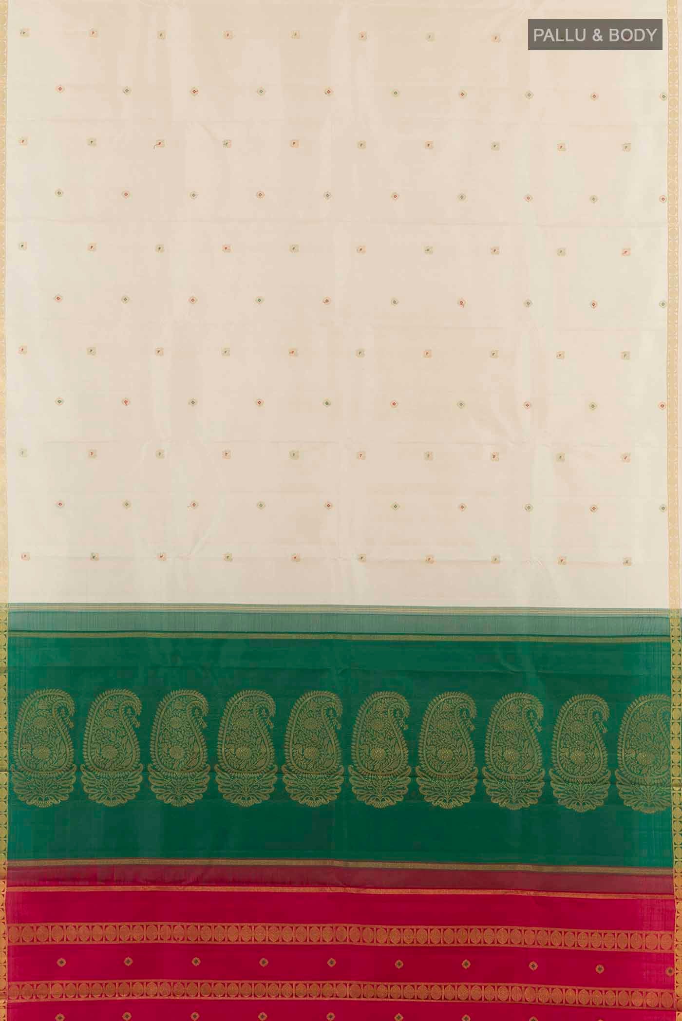 Flat view of Off White Kanchipuram Silk Saree with Zari Butta on the body and Zari Border