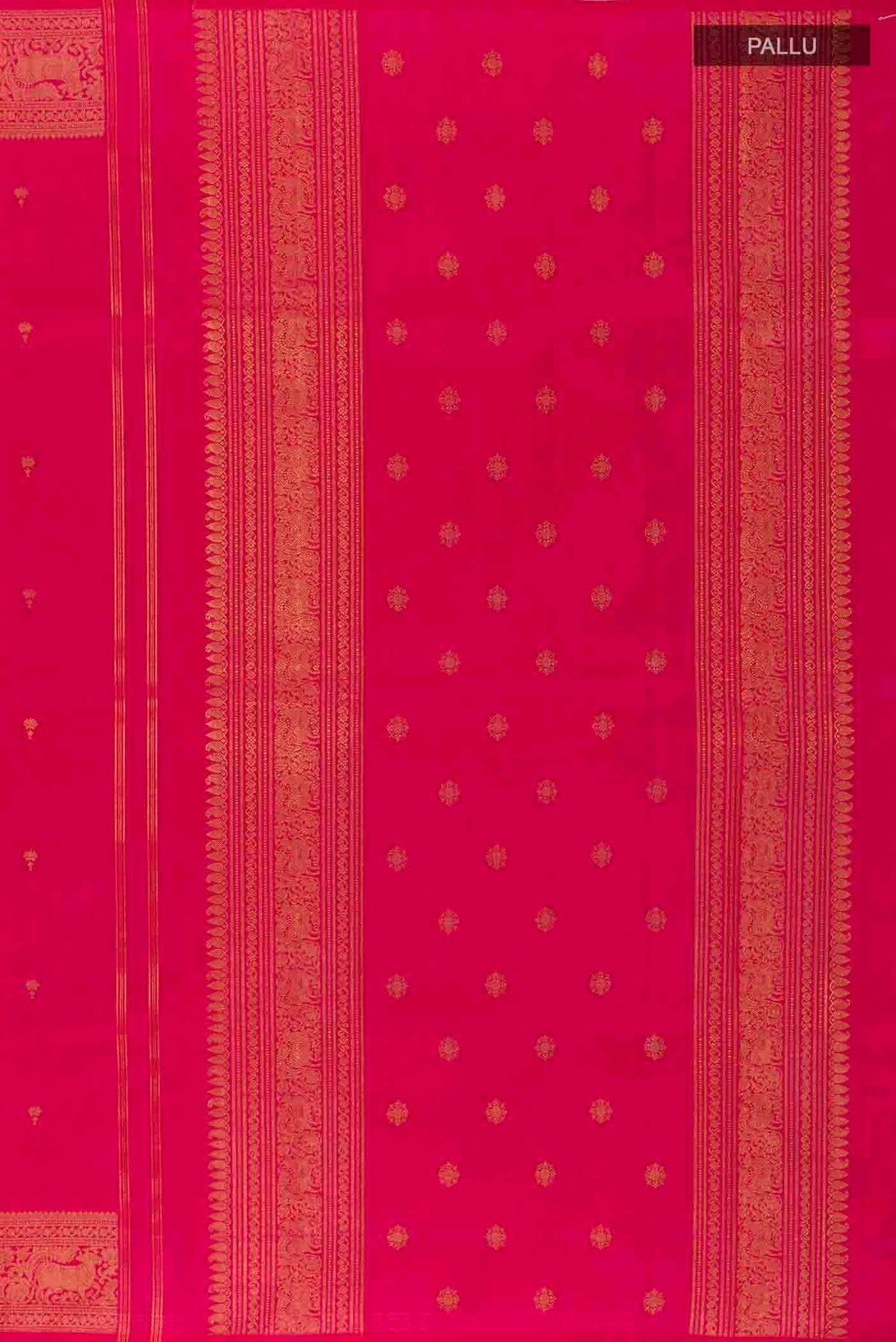 Close up image of the pallu of Pure Silk Pure Zari Pink Dual Tone Kanchipuram Saree with Zari Butta on the body and Zari Border