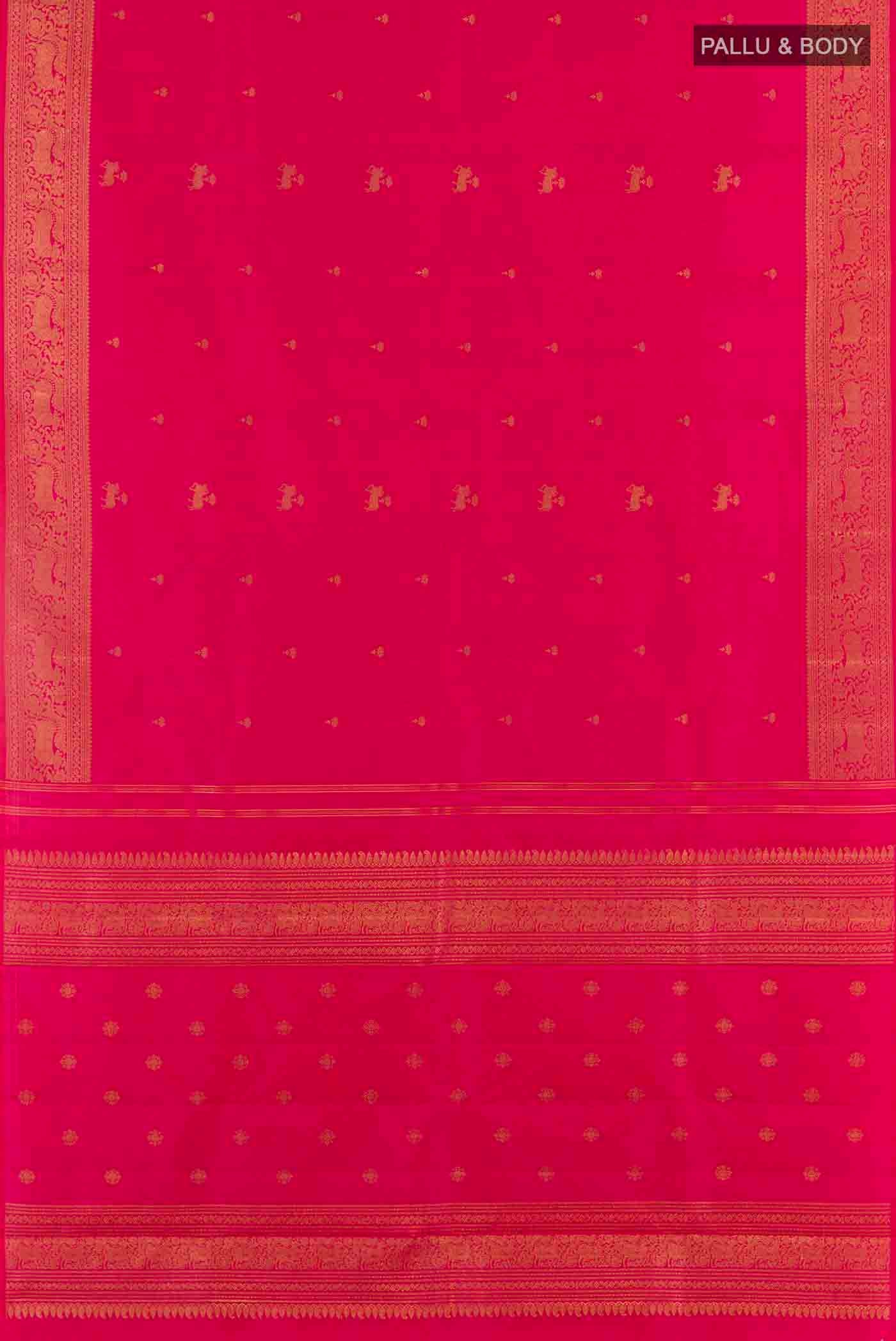 Flat view of Pure Silk Pure Zari Pink Dual Tone Kanchipuram Saree with Zari Butta on the body and Zari Border