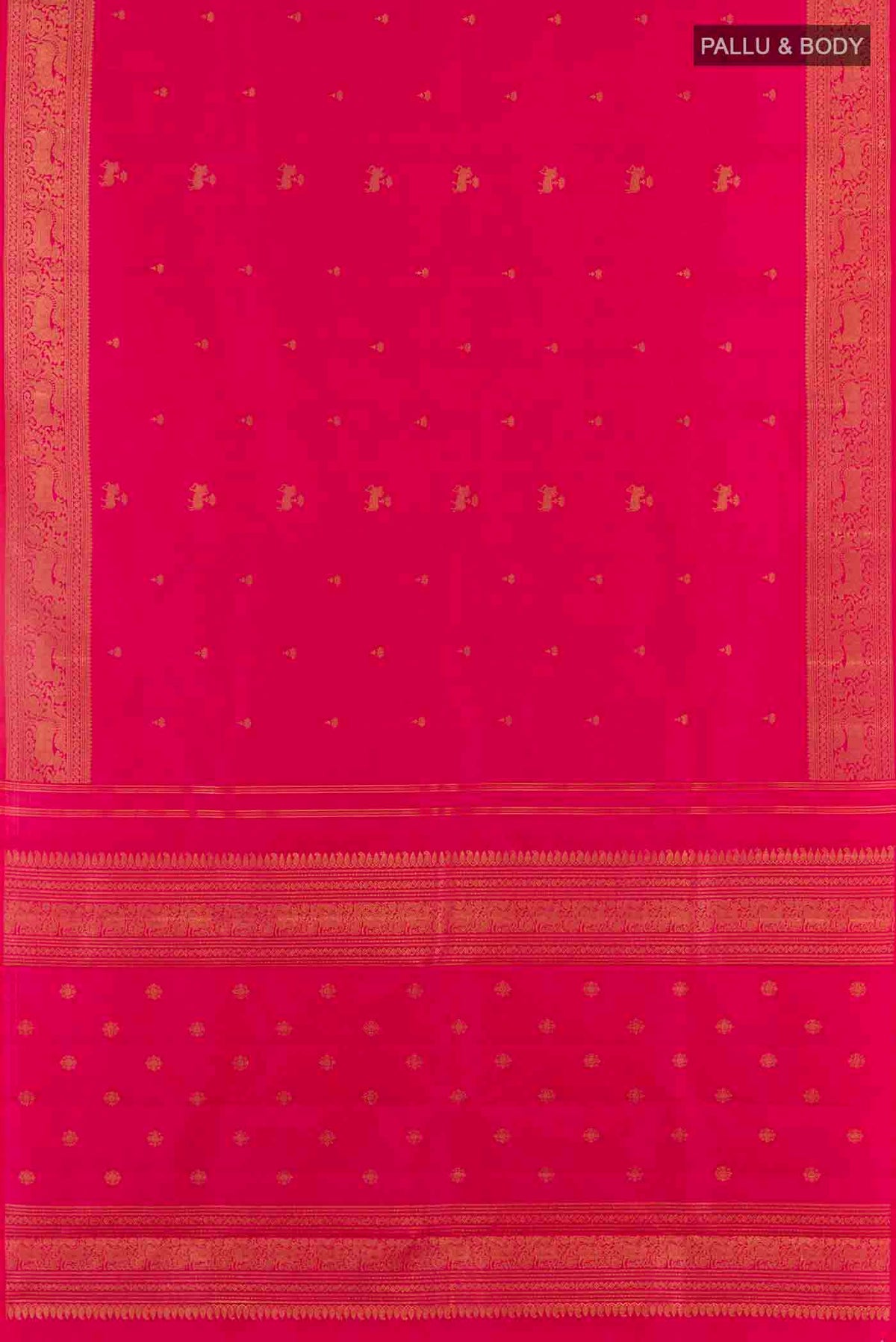 Flat view of Pure Silk Pure Zari Pink Dual Tone Kanchipuram Saree with Zari Butta on the body and Zari Border