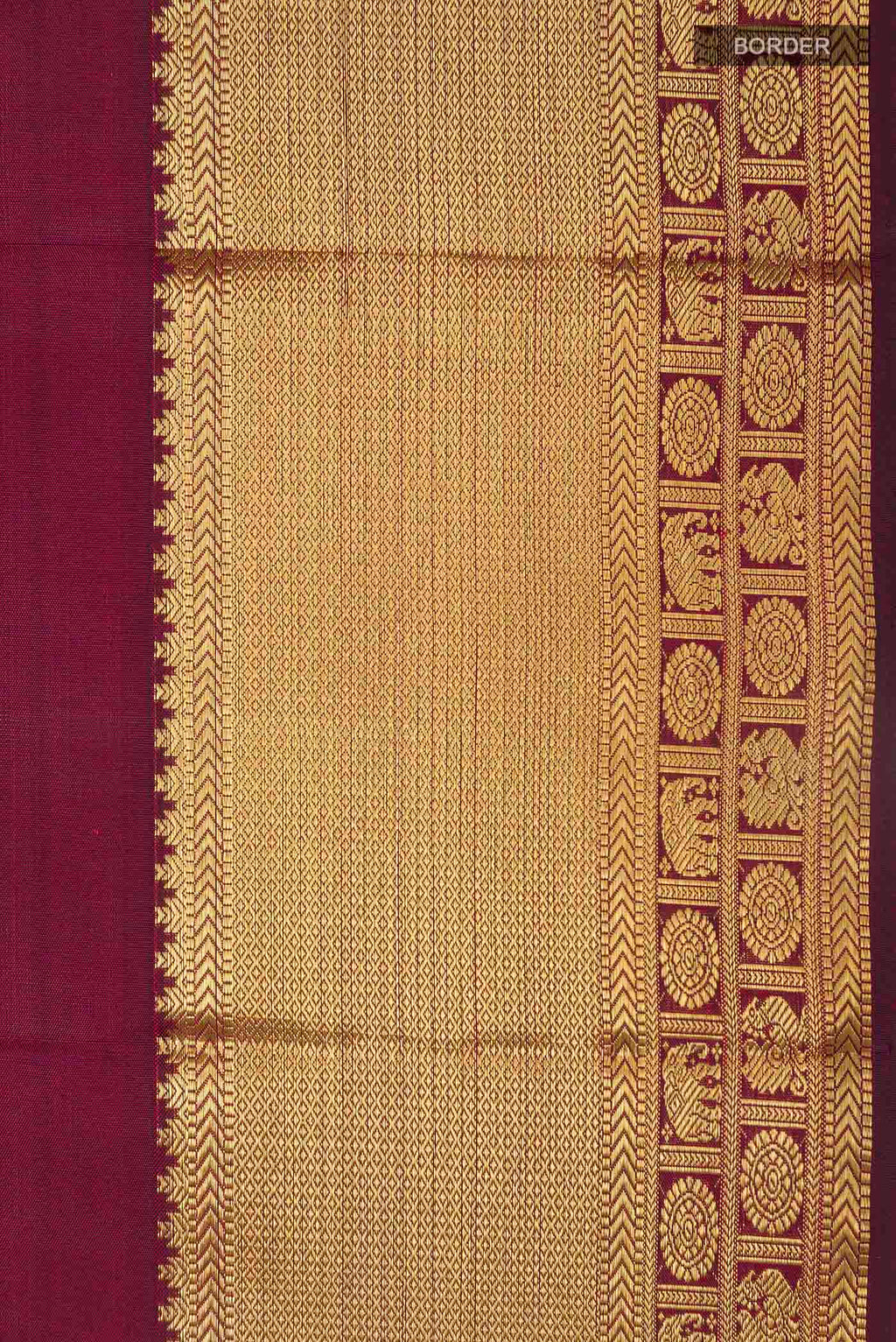 Border image of Pure Silk Pure Zari Maroon Dual Tone Kanchipuram Saree with Zari Butta on the body and Zari Border