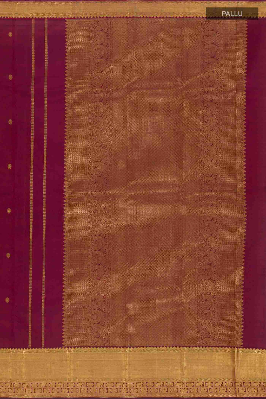 Close up image of the pallu of Pure Silk Pure Zari Maroon Dual Tone Kanchipuram Saree with Zari Butta on the body and Zari Border