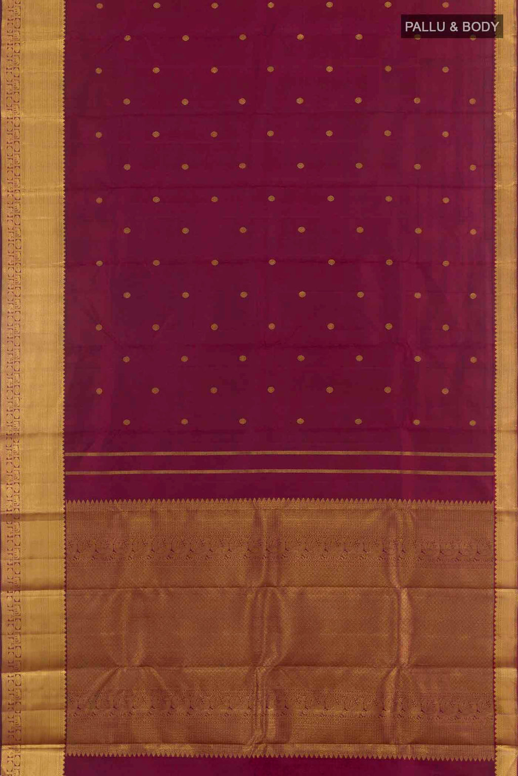 Flat view of Pure Silk Pure Zari Maroon Dual Tone Kanchipuram Saree with Zari Butta on the body and Zari Border