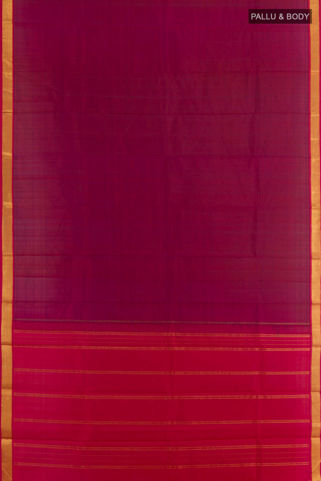 Flat view of Magenta Kanjivaram Silk Saree with Plain Body and Zari Border. 
