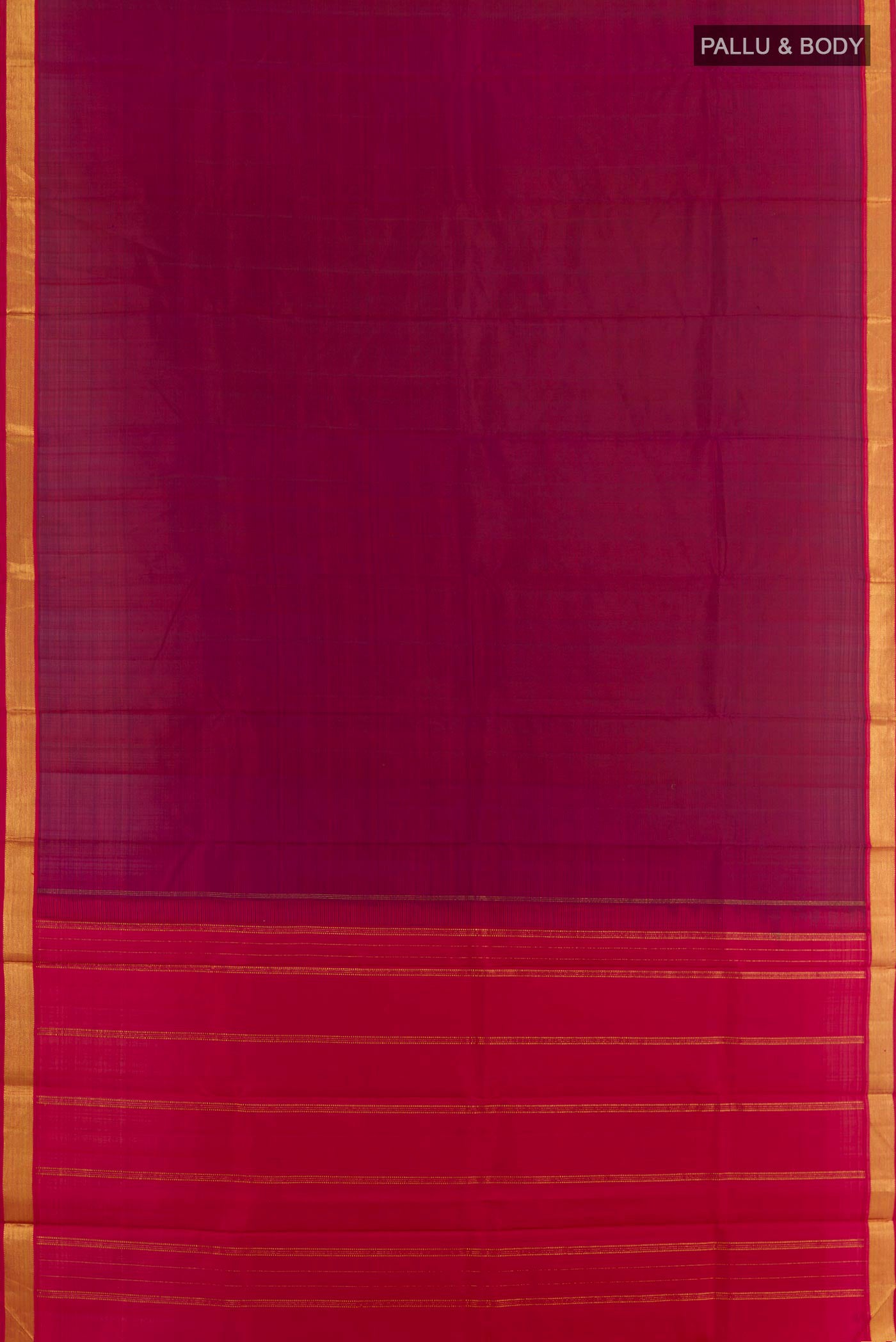Flat view of Magenta Kanjivaram Silk Saree with Plain Body and Zari Border. 