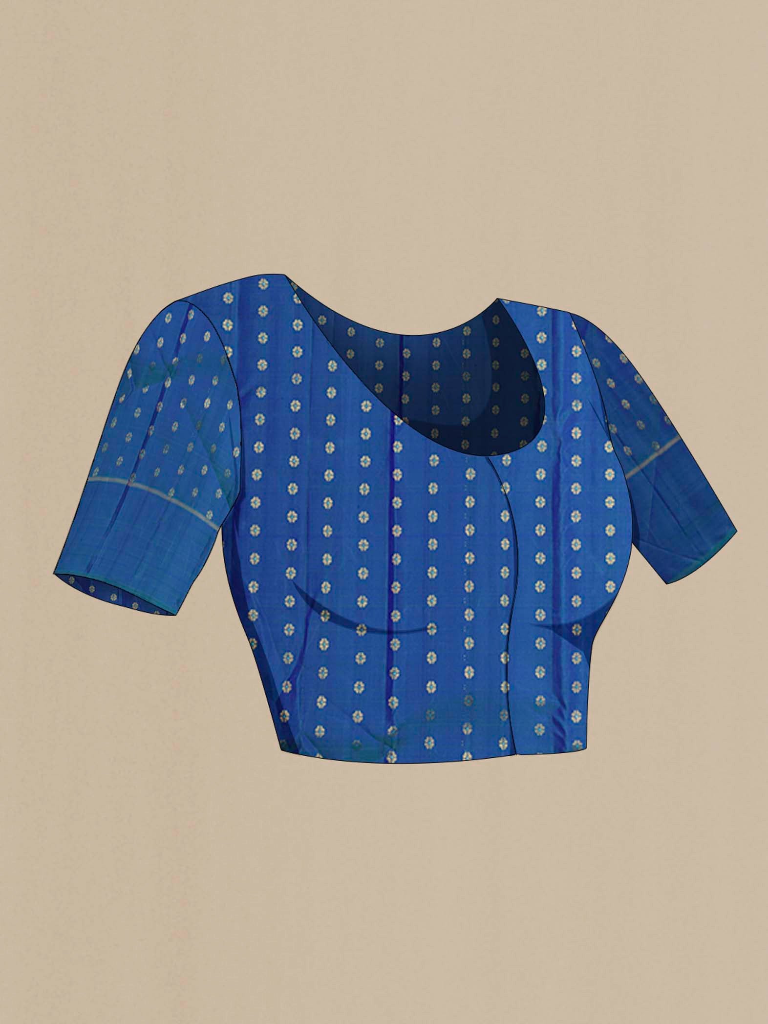 Close up image of the blouse of Blue Kanchipuram Silk Saree with Zari Butta on the body and Zari Border
