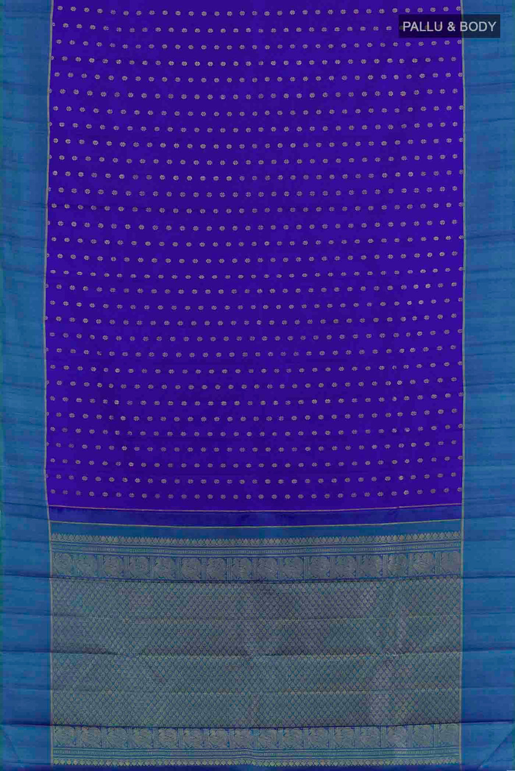 Flat view of Blue Kanchipuram Silk Saree with Zari Butta on the body and Zari Border