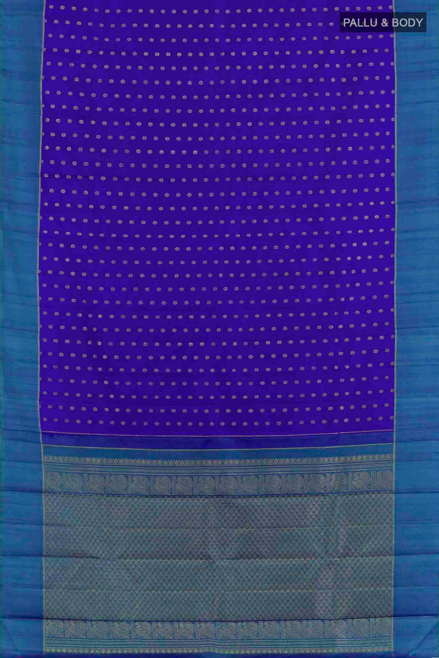 Flat view of Blue Kanchipuram Silk Saree with Zari Butta on the body and Zari Border