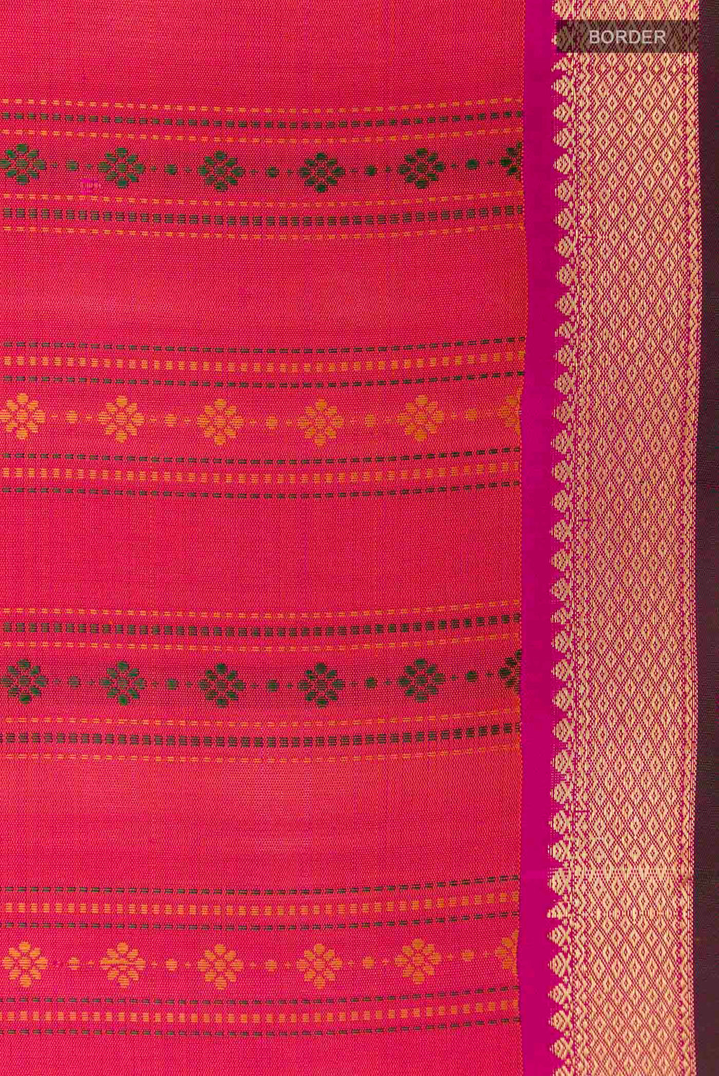 Border image of Pink with Orange Color Kanchipuram Silk Saree with Stripes on the body and Zari Border