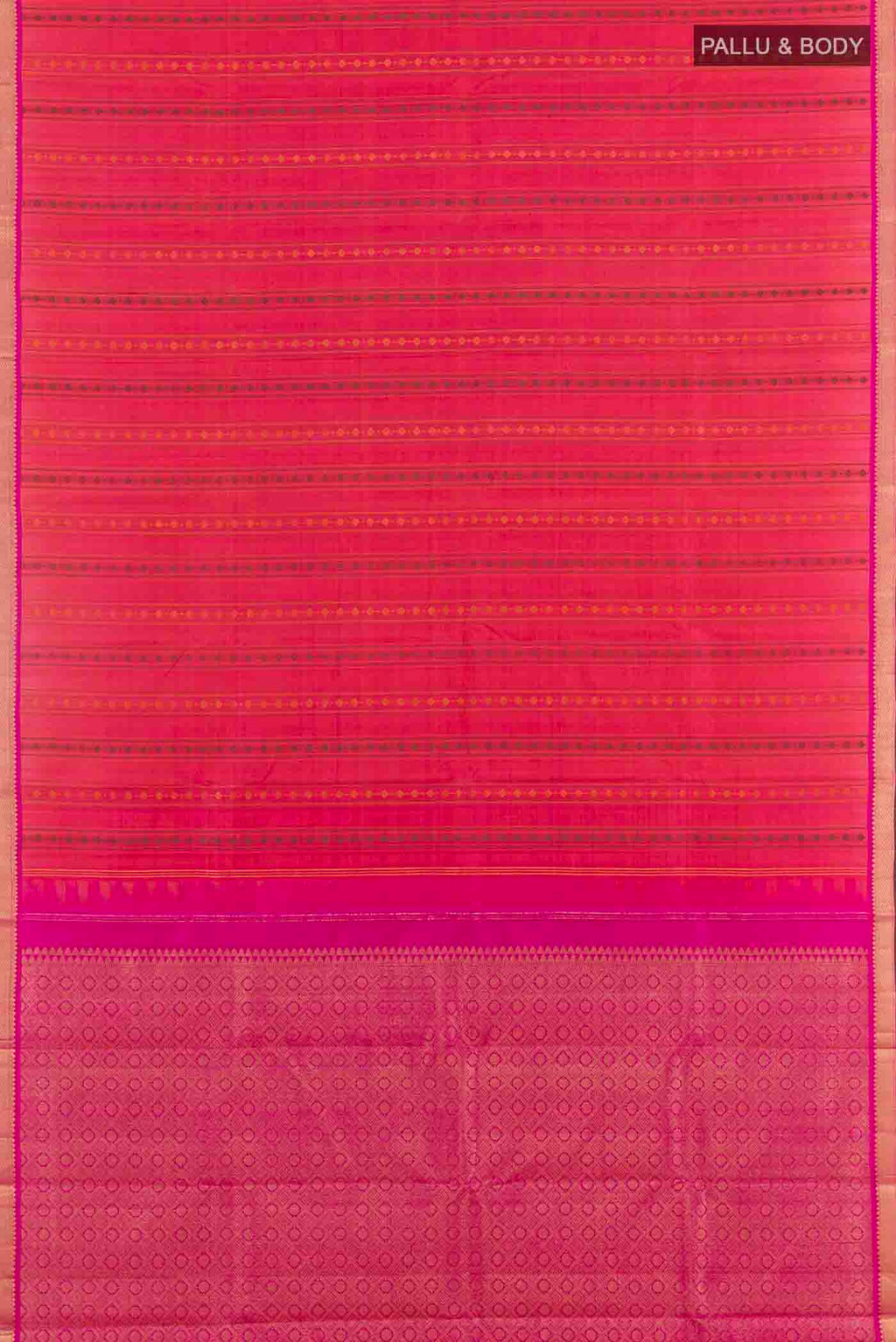 Flat view of Pink with Orange Color Kanchipuram Silk Saree with Stripes on the body and Zari Border