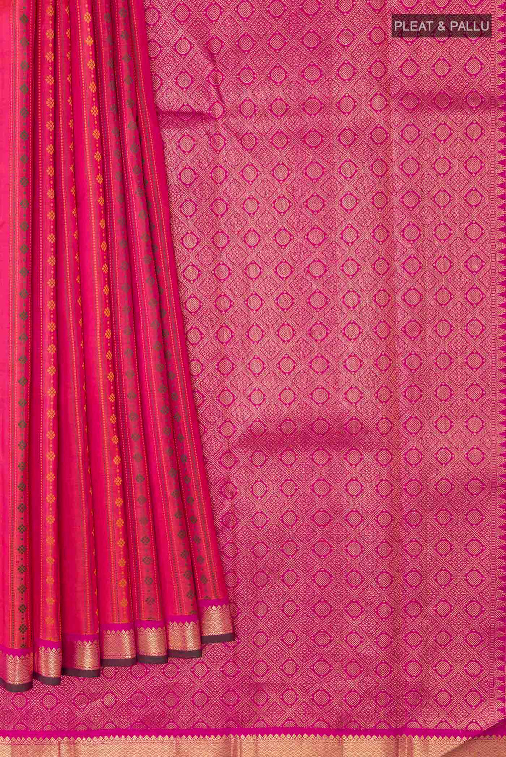 Pleats and pallu of Pink with Orange Color Kanchipuram Silk Saree with Stripes on the body and Zari Border