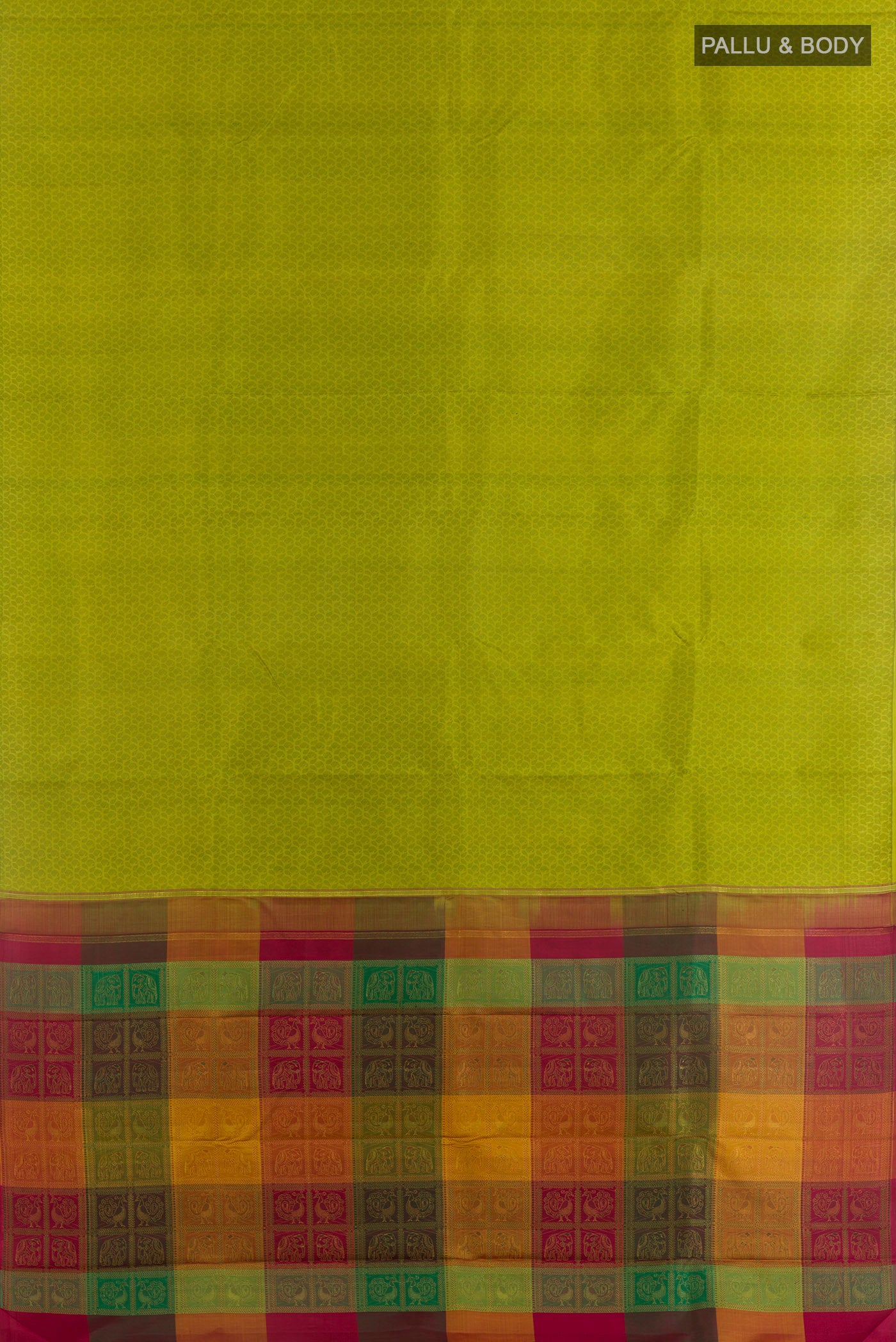 Flat view of Green Kanjivaram Silk Saree with Jacquard design on the body and Without Border. 