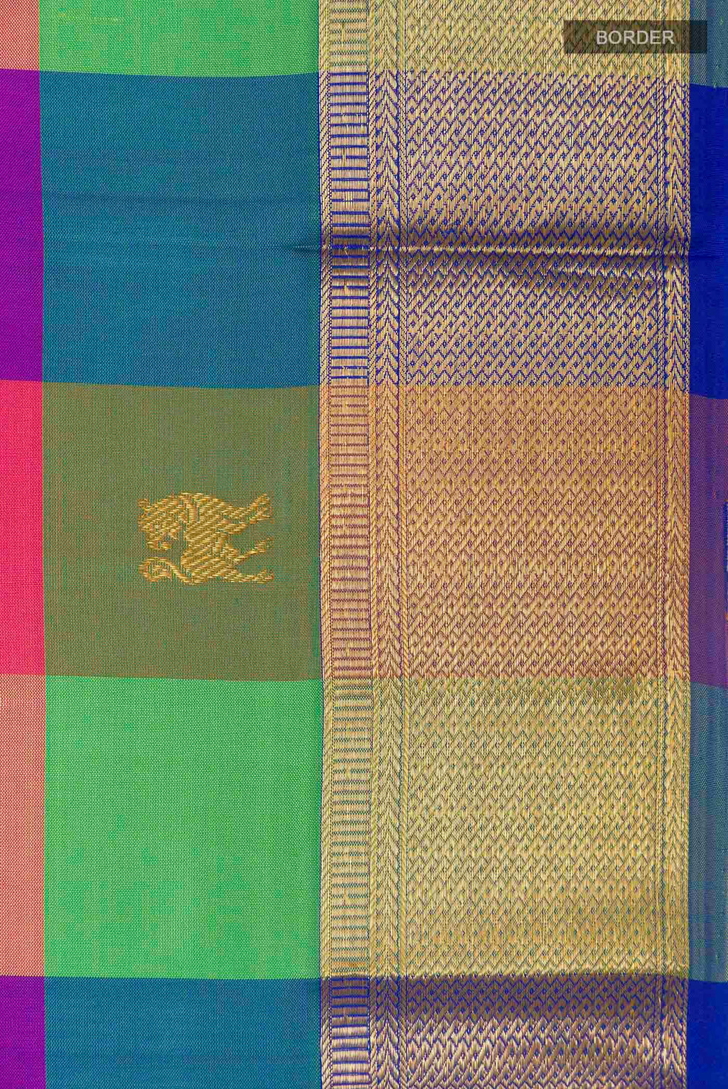 Border image of Multi Color Kanchipuram Silk Saree with Checked design on the body and Zari Border