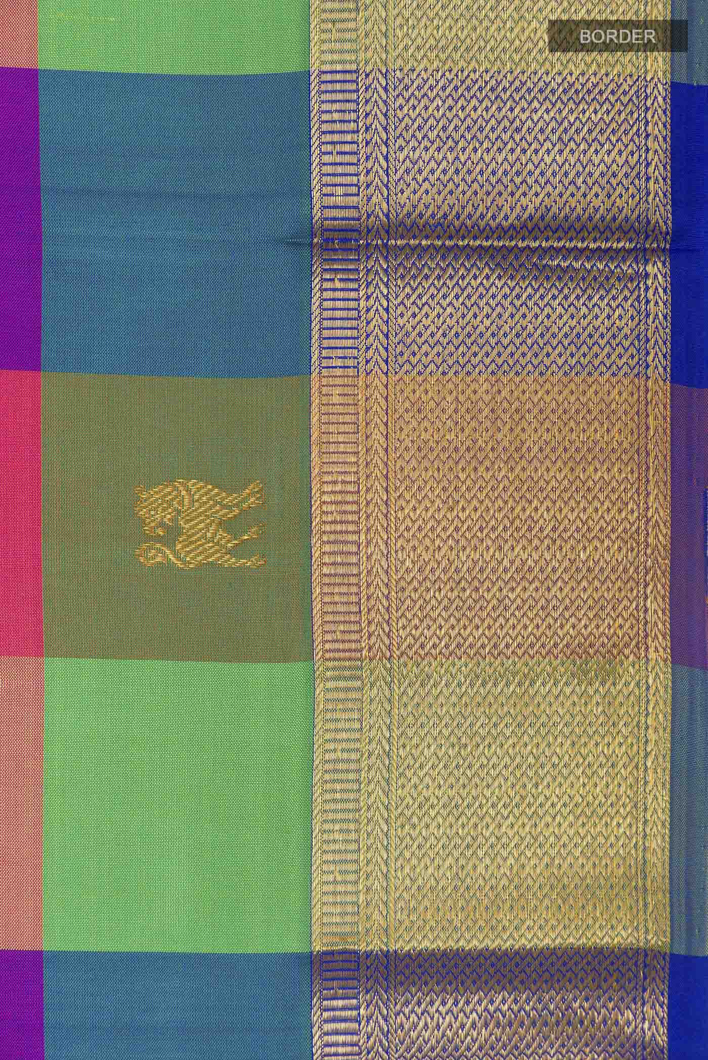 Border image of Multi Color Kanchipuram Silk Saree with Checked design on the body and Zari Border