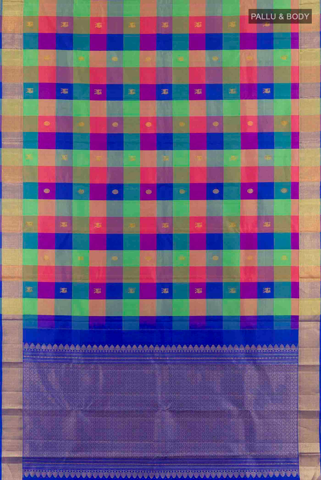 Flat view of Multi Color Kanchipuram Silk Saree with Checked design on the body and Zari Border